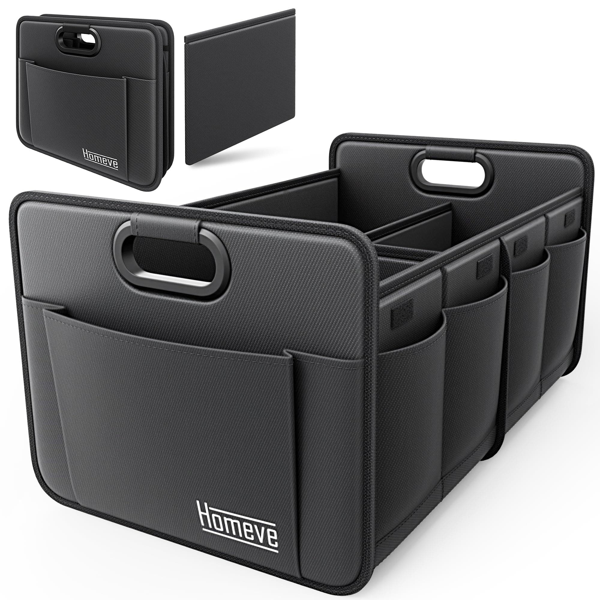 Homeve Trunk Organizer, Car Storage, Reinforced Handles, Collapsible Multi-Compartment, Foldable, Waterproof, Sturdy, 600D Oxford Polyester For Car, SUV, Mini-Van, Black, 2 Compart