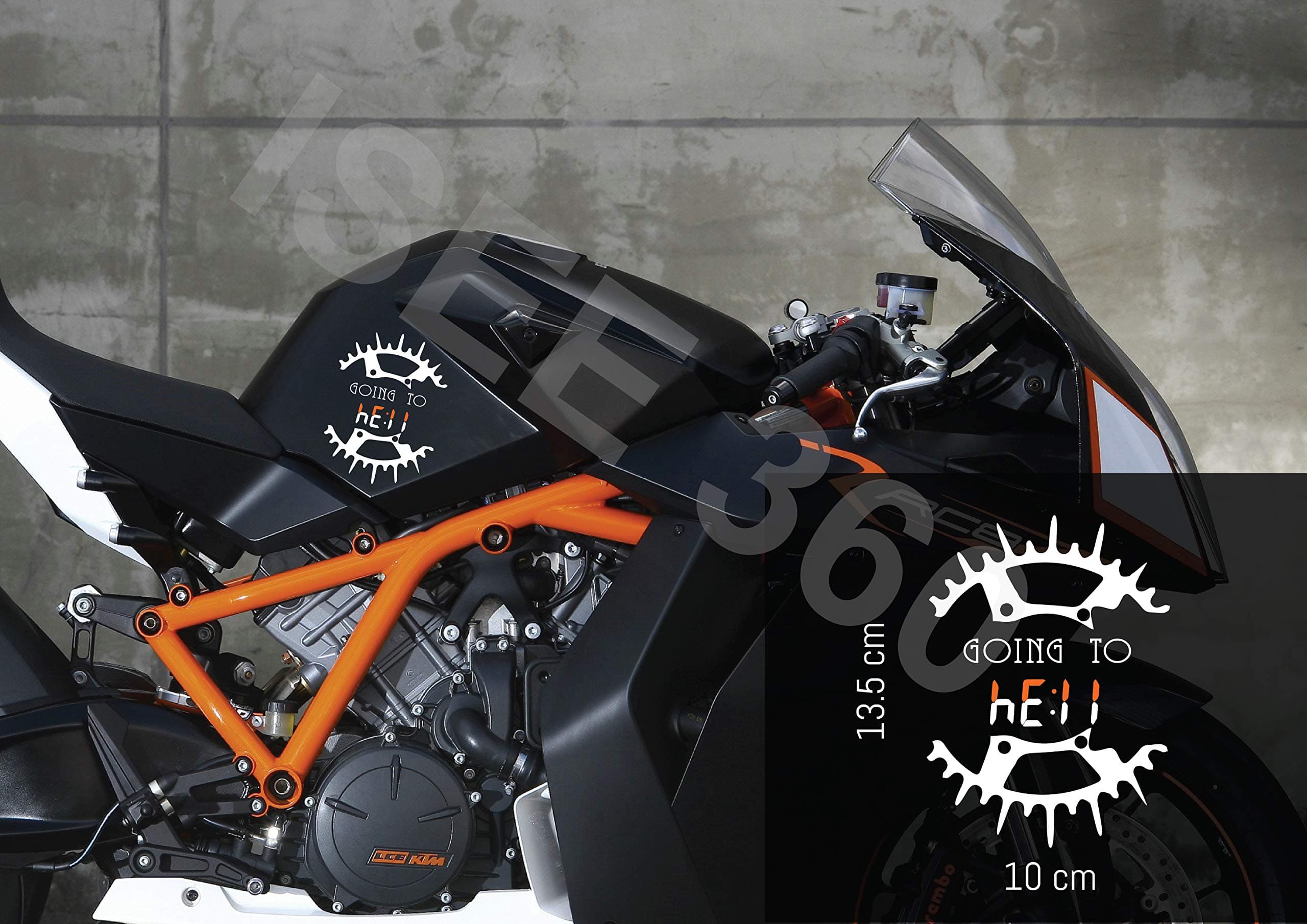 ISEE 360® KTM Duke Bike Stickers Rc200 Shark 390 Fork 250 125 Tank Sides Going to Hell White and Orange Decals L x H 10 x 13.5 Cms