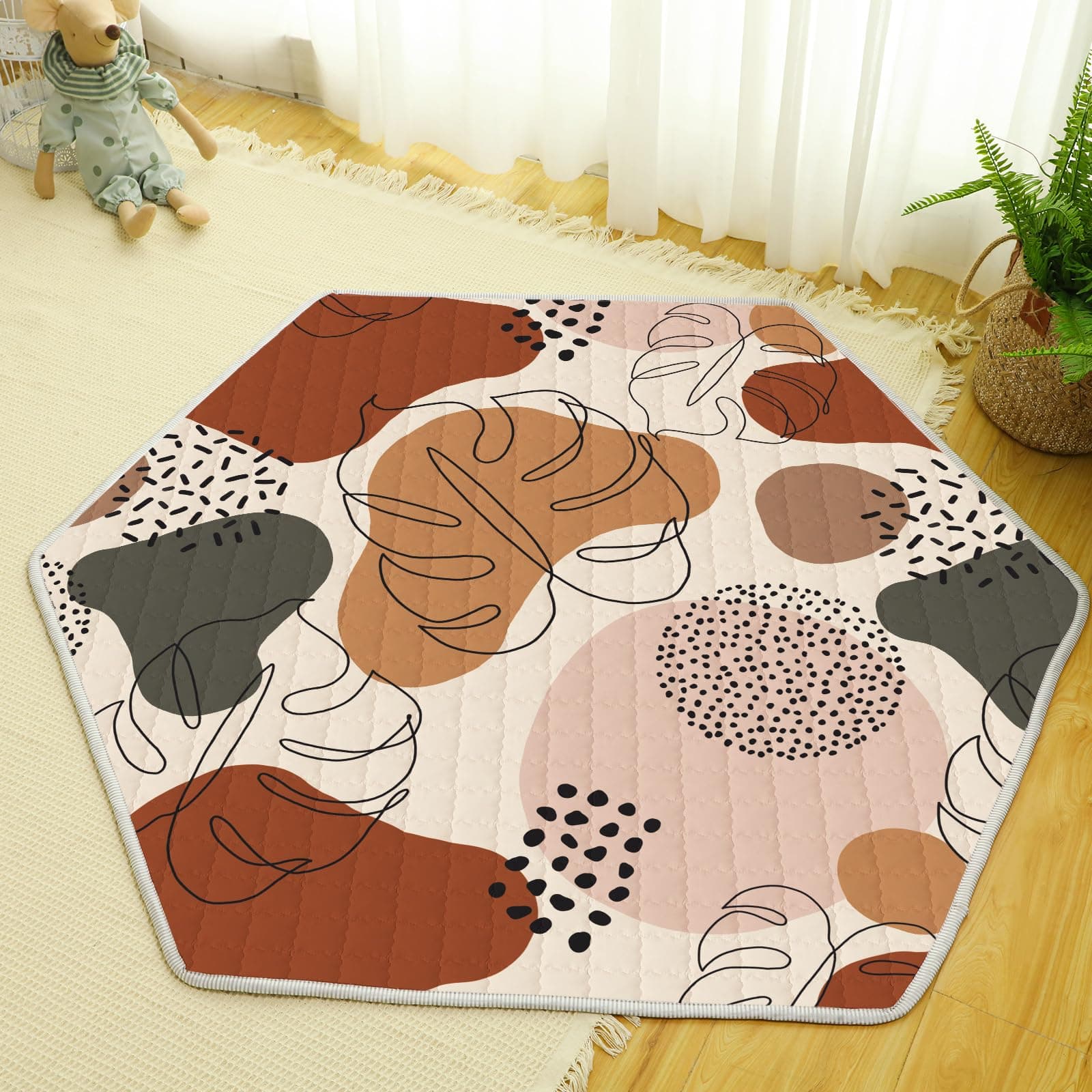 Funtery Woodland Animals Hexagon Playpen Mat Baby Play Mat Foldable Soft Nursery Rug Portable Baby Playmat Washable Comfortable Hexagon Playpen Mattress for Floor Activity Room (Boho Style)