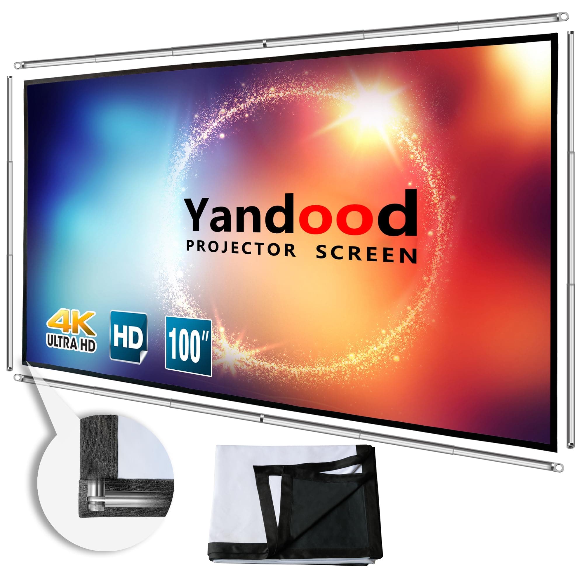 Foldable Projector Screen 100 inch with Lightweight Telescopic Pole Frame Wall Mounted Anti-Crease Black Backing Silver Portable Projection Screen