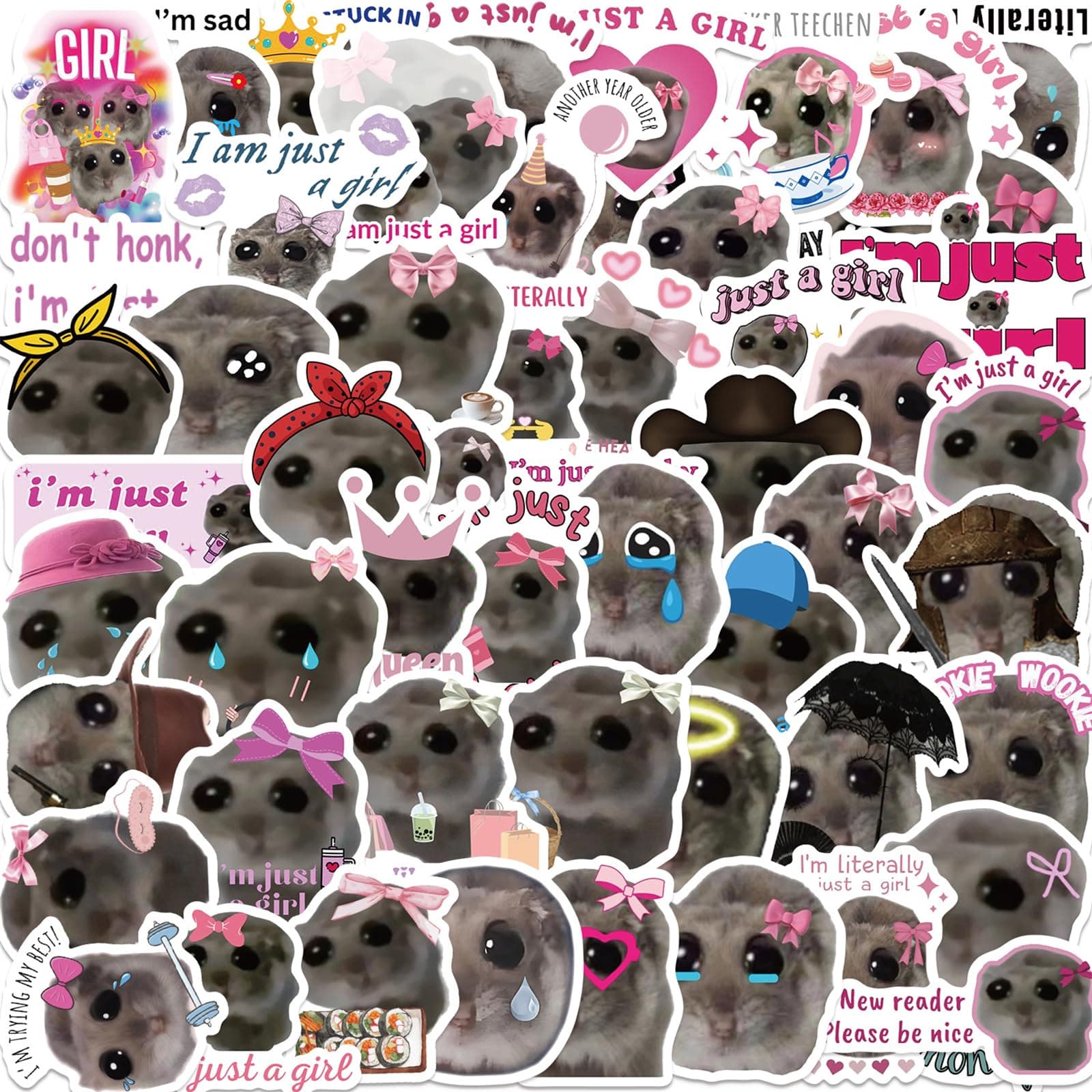 56Pcs I'm Just a Girl Sticker Funny Hamster Meme Sad Cute Stickers for Kids,Y2K Aesthetic Waterproof Vinyl Sticker for Laptop Water Bottle Phone Scrapbook Cute Animal Decal Stuff Gifts for Girl Teen
