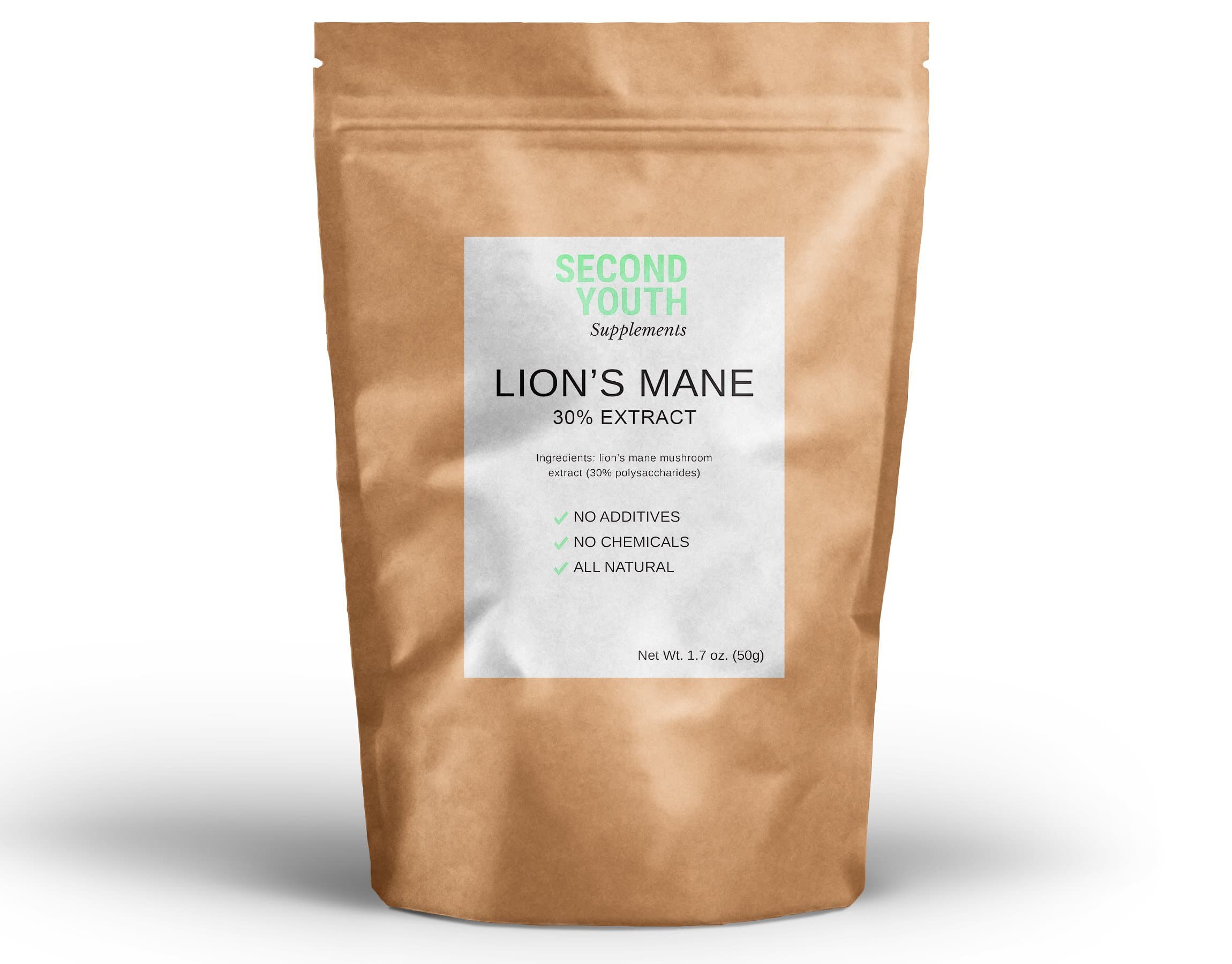Second Youth Lion's Mane Mushroom Extract 8:1 with 30% Polysaccharides - All Natural, No Additives, No Fillers - Pure and Very Potent