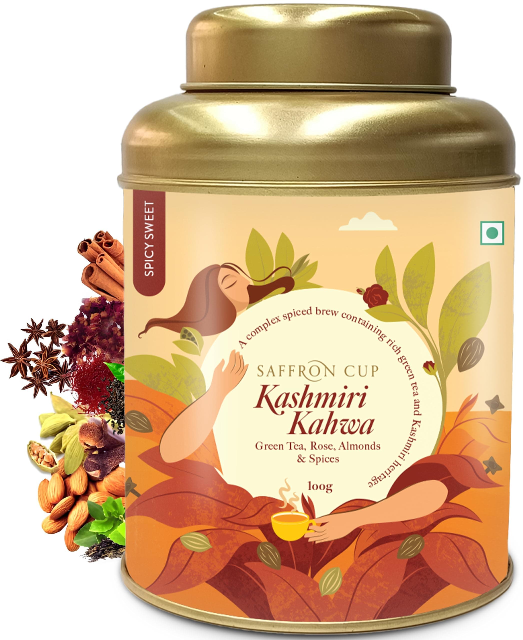 Kashmiri Kahwa Green Tea – 100g | Premium Blend with Saffron-Infused Flavor, Cardamom, Rose Petals, Cinnamon & Almonds (Airtight Double-Lid Tin)