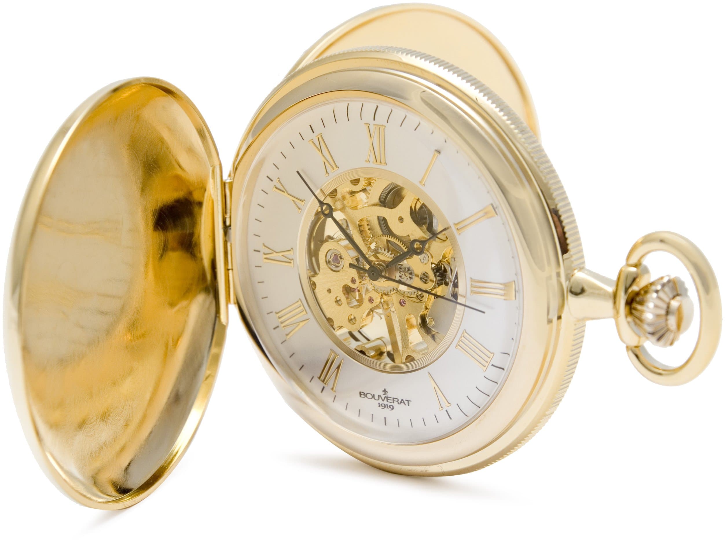 Bouverat 1919 Double Opening Shield Case Full Hunter Mechanical Roman Pocket Watch with Silver Dial BV824105