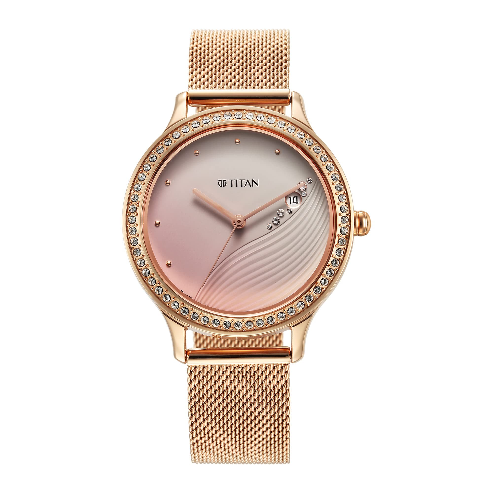 Titan Purple Glam It Up Quartz Analog with Date Pink Dial Rose Gold Stainless Steel Strap Watch for Women - NT2634WM05
