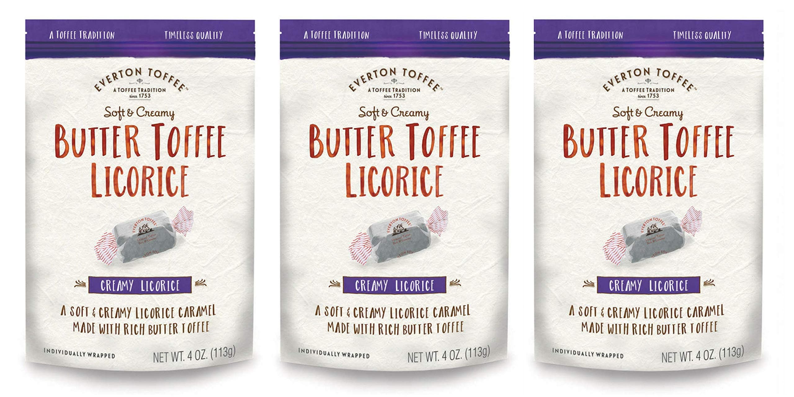 Everton Toffee Butter Toffee Caramels, Licorice Flavor (4 oz. bag, 3-pack). Gourmet, Artisan Soft and Creamy Toffee Caramels, Small Batch Crafted Carmel Candy Treats