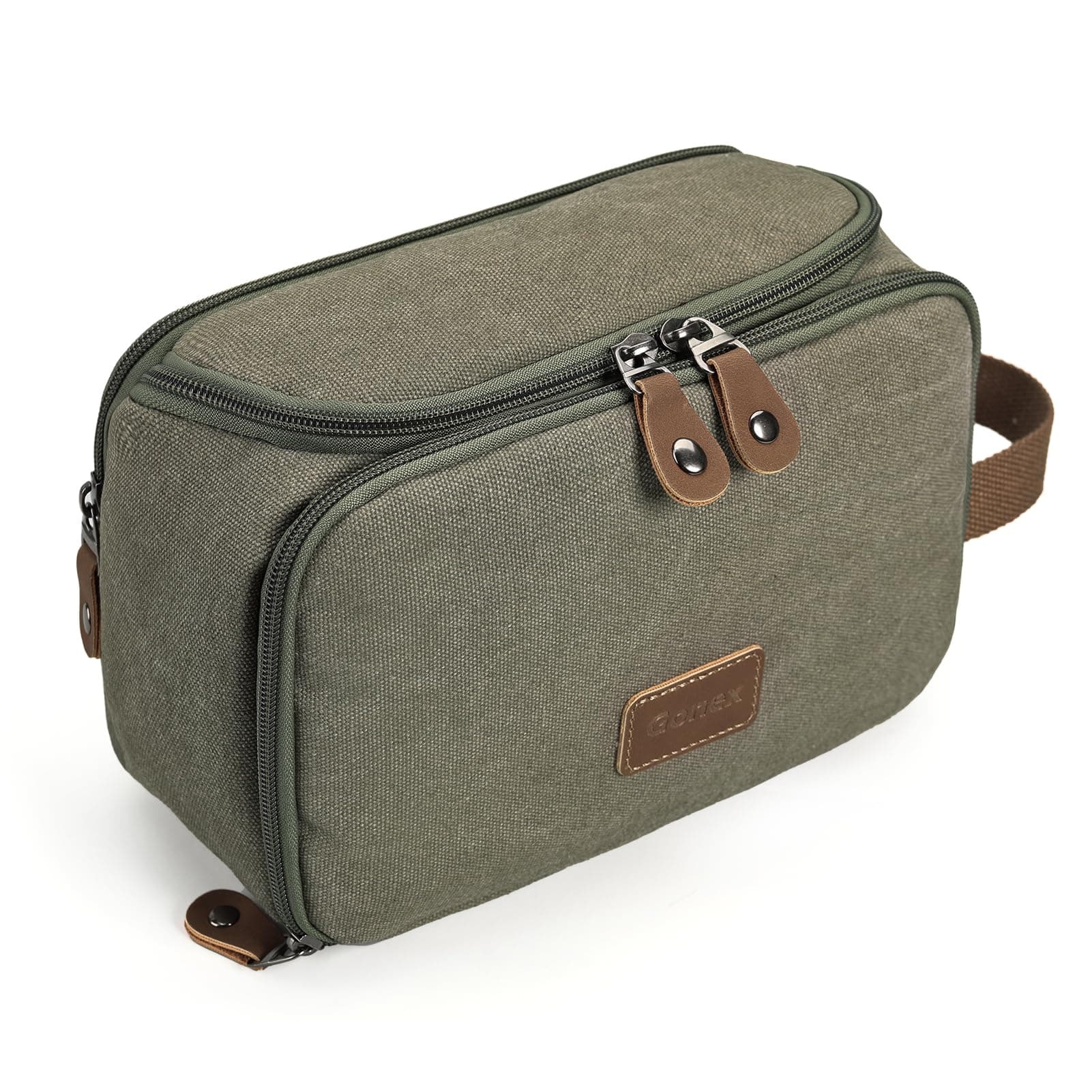 Travel Toiletry Bag for Men, Water Resistant Canvas Wide Open Shaving Bag with Wet Dry Compartment, Travel Essentials Toiletries Organizer, Army Green