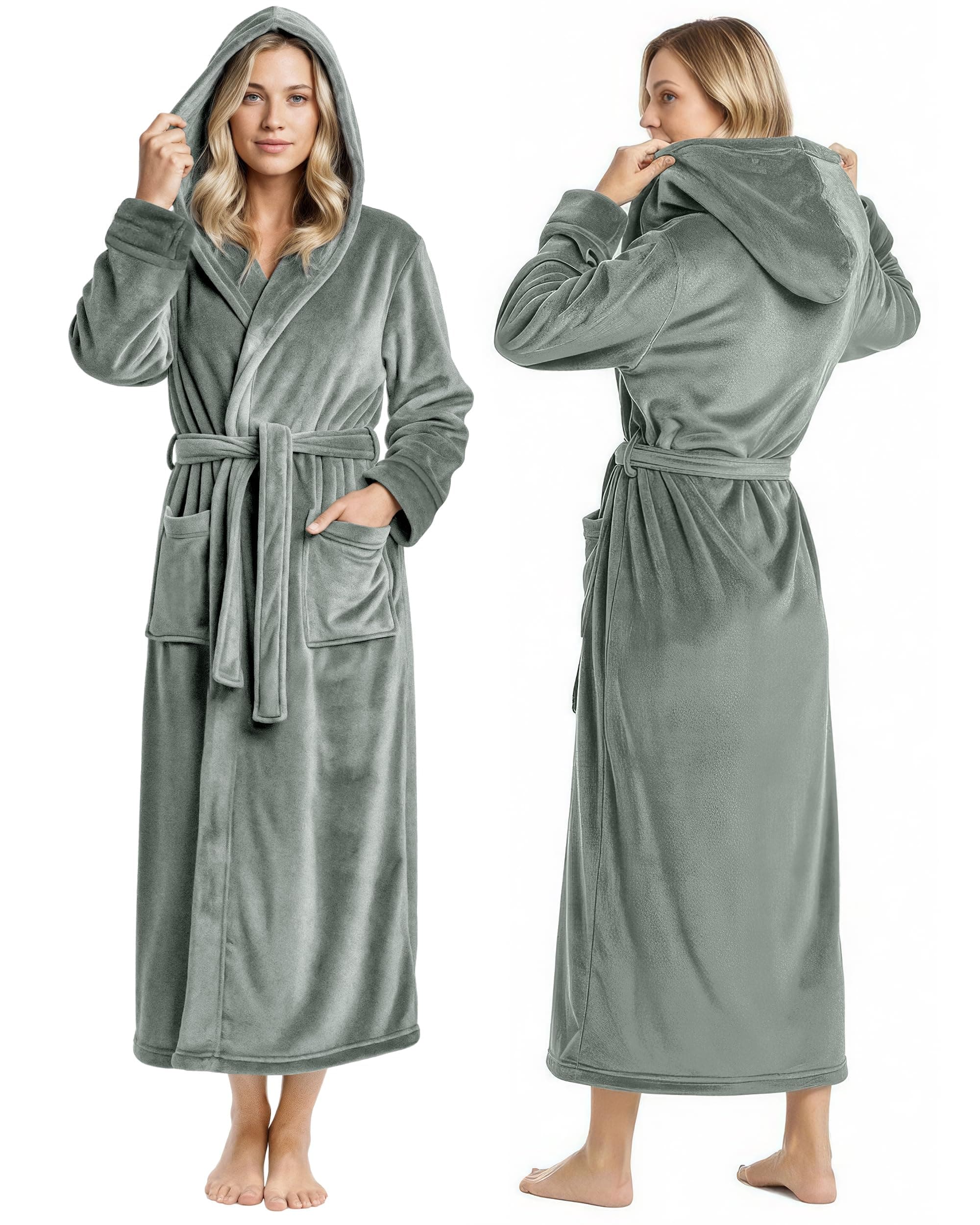 Women's Fleece Hooded Bathrobe Plush Long Spa Robe, Medium