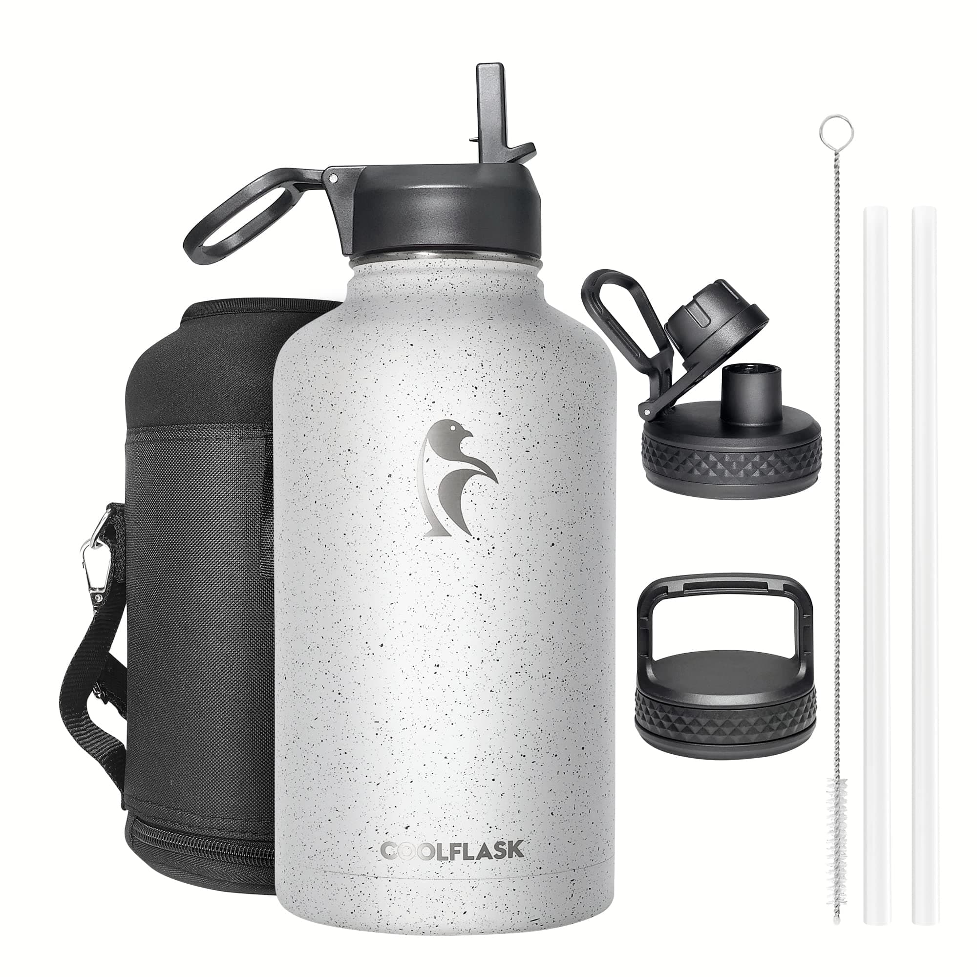 Half Gallon Water Bottle Insulated with Straw&3 Lids, Coolflask 64 oz Water Jug Galaxy Large Metal Stainless Steel flask for Gym, Sports and Office, Keep Cold 48H Hot 24H, Arctic White