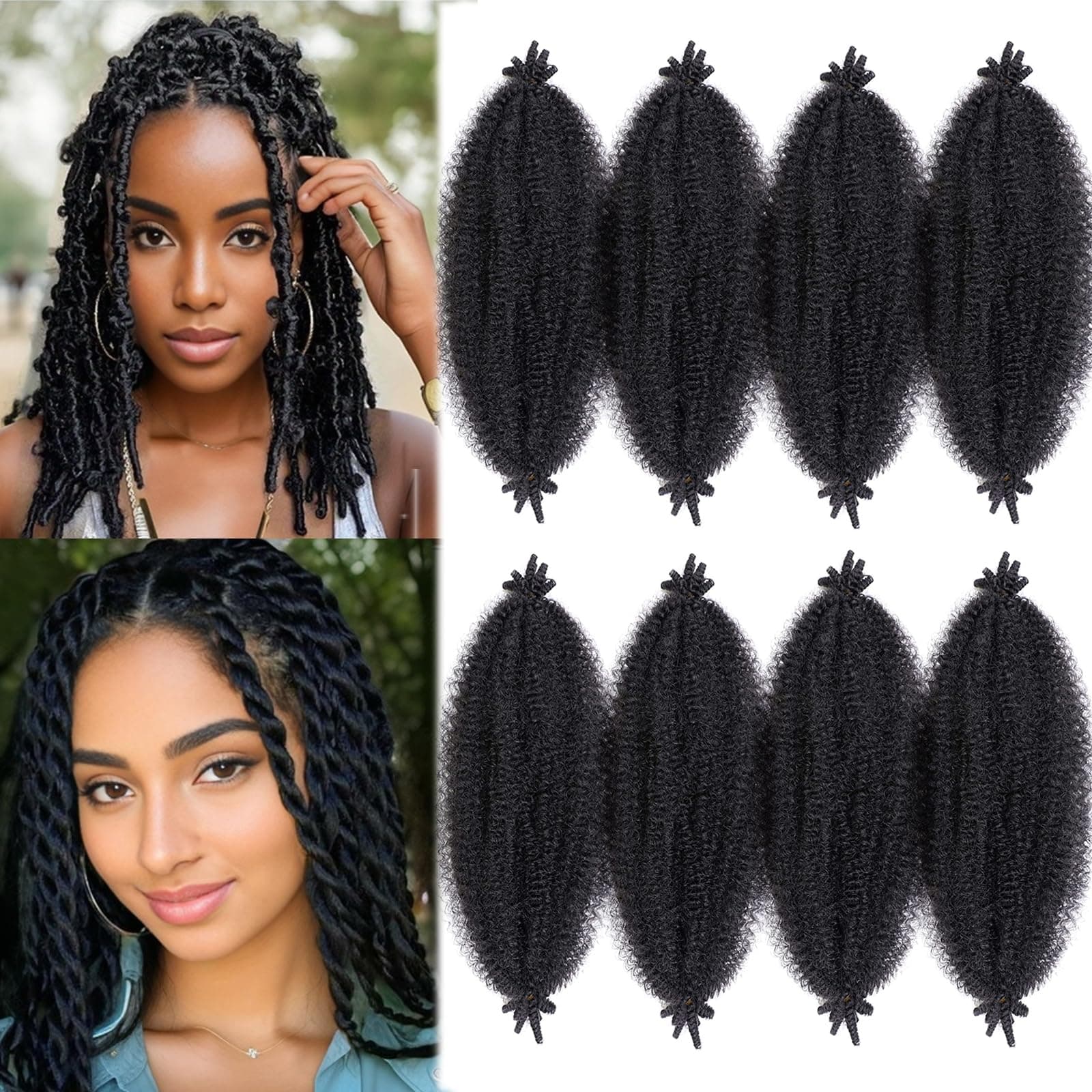 Marley Twist Braiding Hair 16inch Springy Afro Twist Hair 8 Packs Black Pre Fluffed Wrapping Hair for Soft Locs Kinky Curly Crochet Hair Extensions