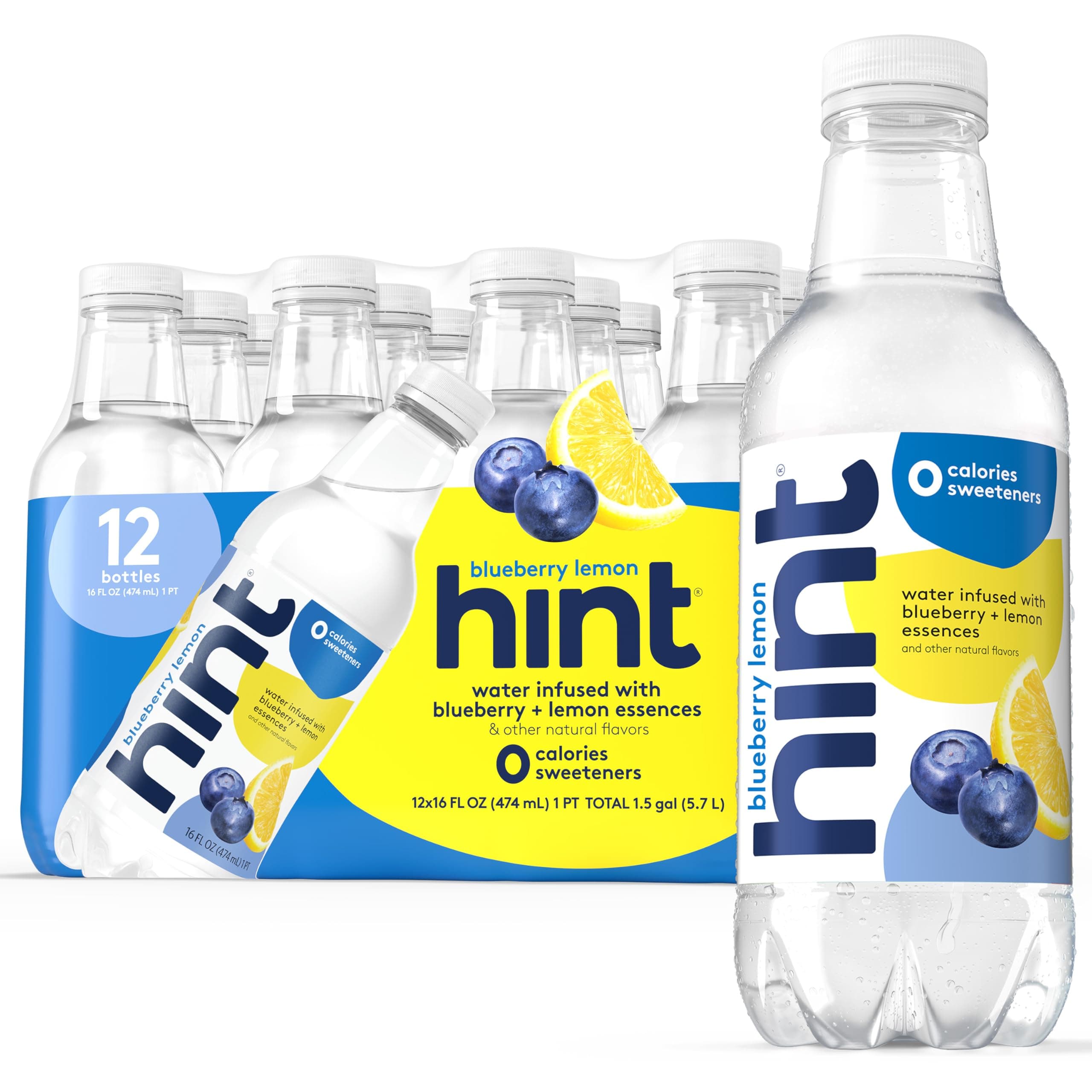 Hint Water Blueberry Lemon (Pack of 12), 16 Ounce Bottles, Pure Water Infused with Blueberry and Lemon, Zero Sugar-Calories-Sweeteners-Preservatives-Artificial Flavors, 16 Fl Oz (Pack of 12)