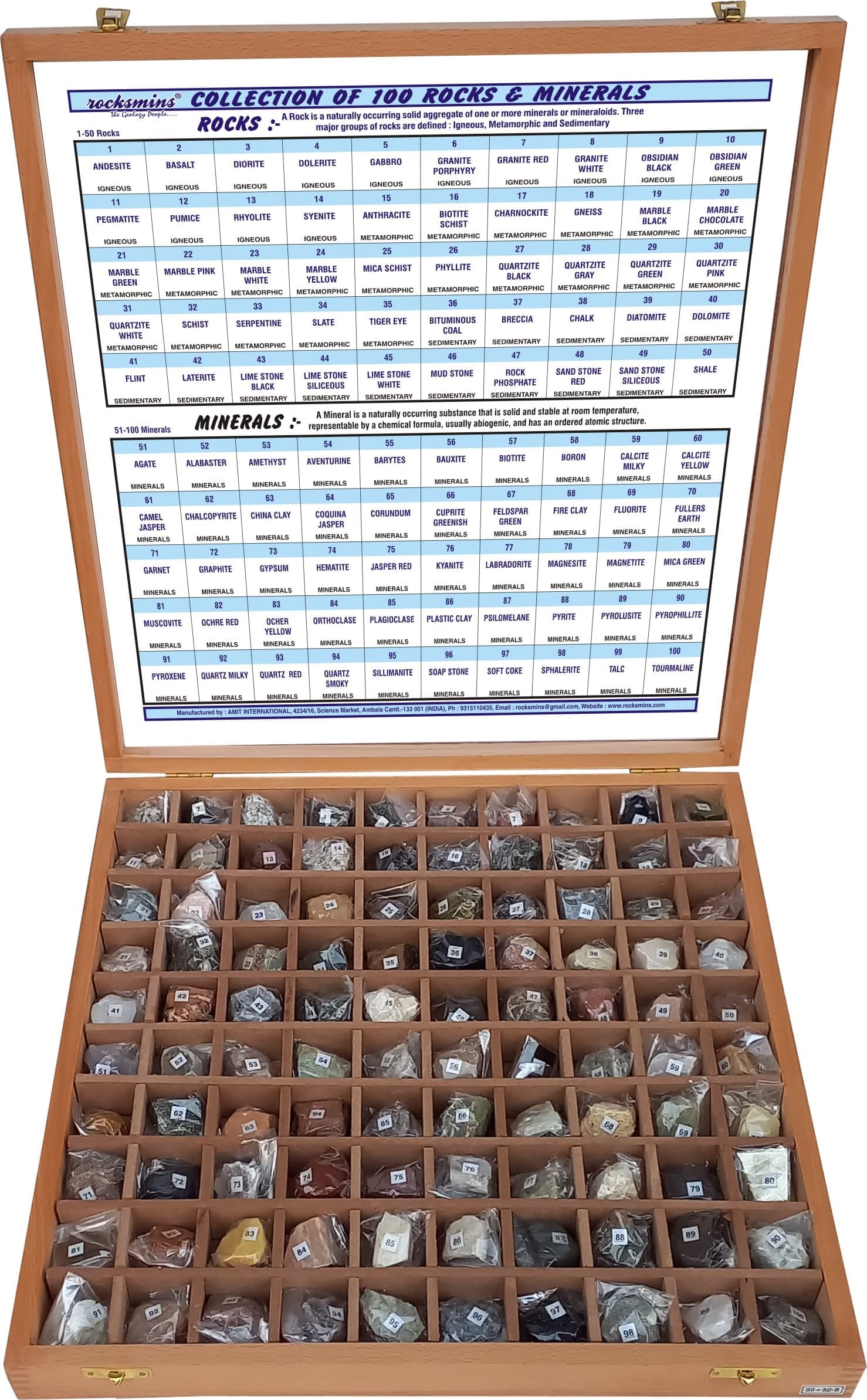 100 Rocks and Minerals Collection in Wooden Box Geology Civil Educational