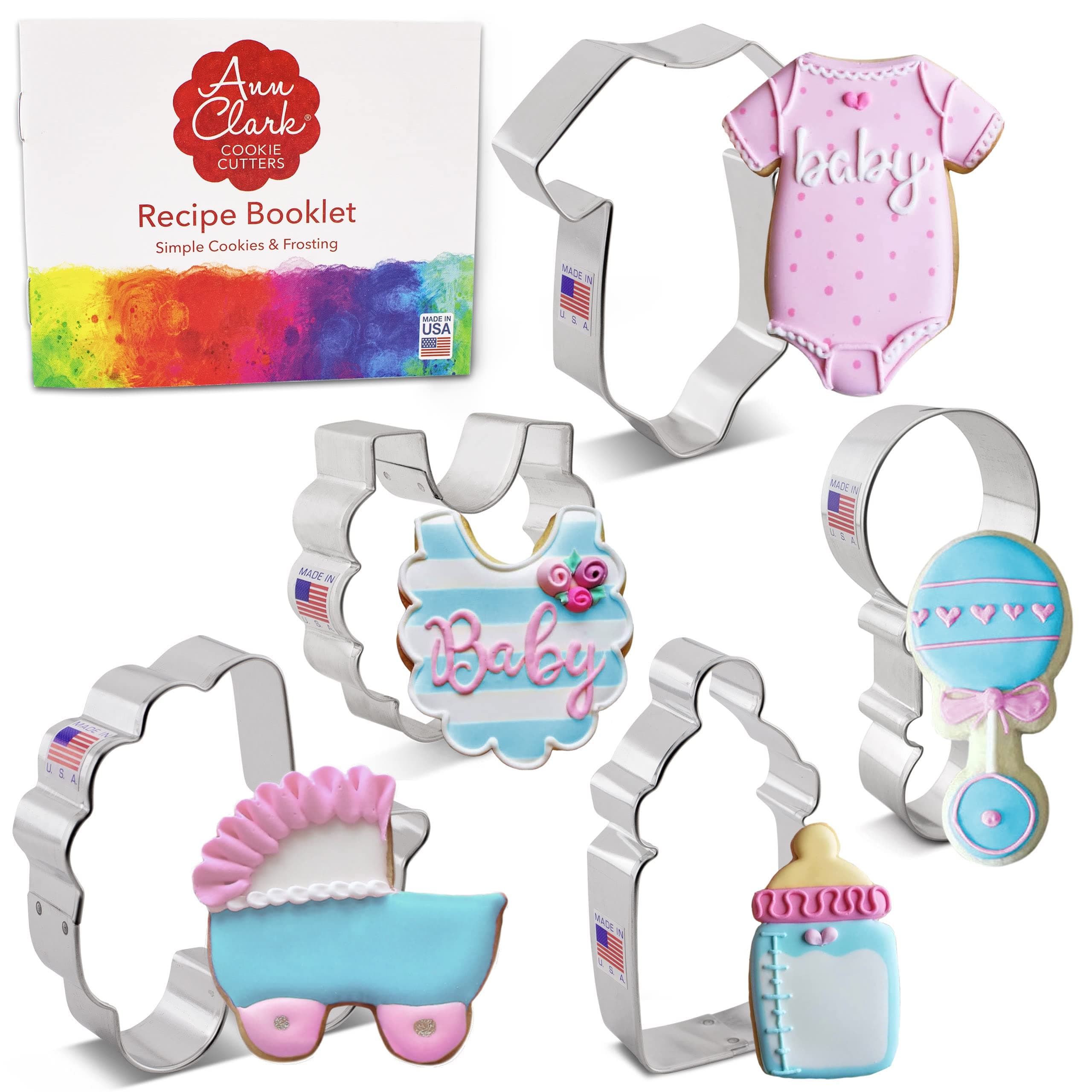 Ann Clark 5-Pc. Baby Shower Cookie Cutter Set, Made in USA, Baby Bottle, Rattle, Onesie, Carriage and Bib