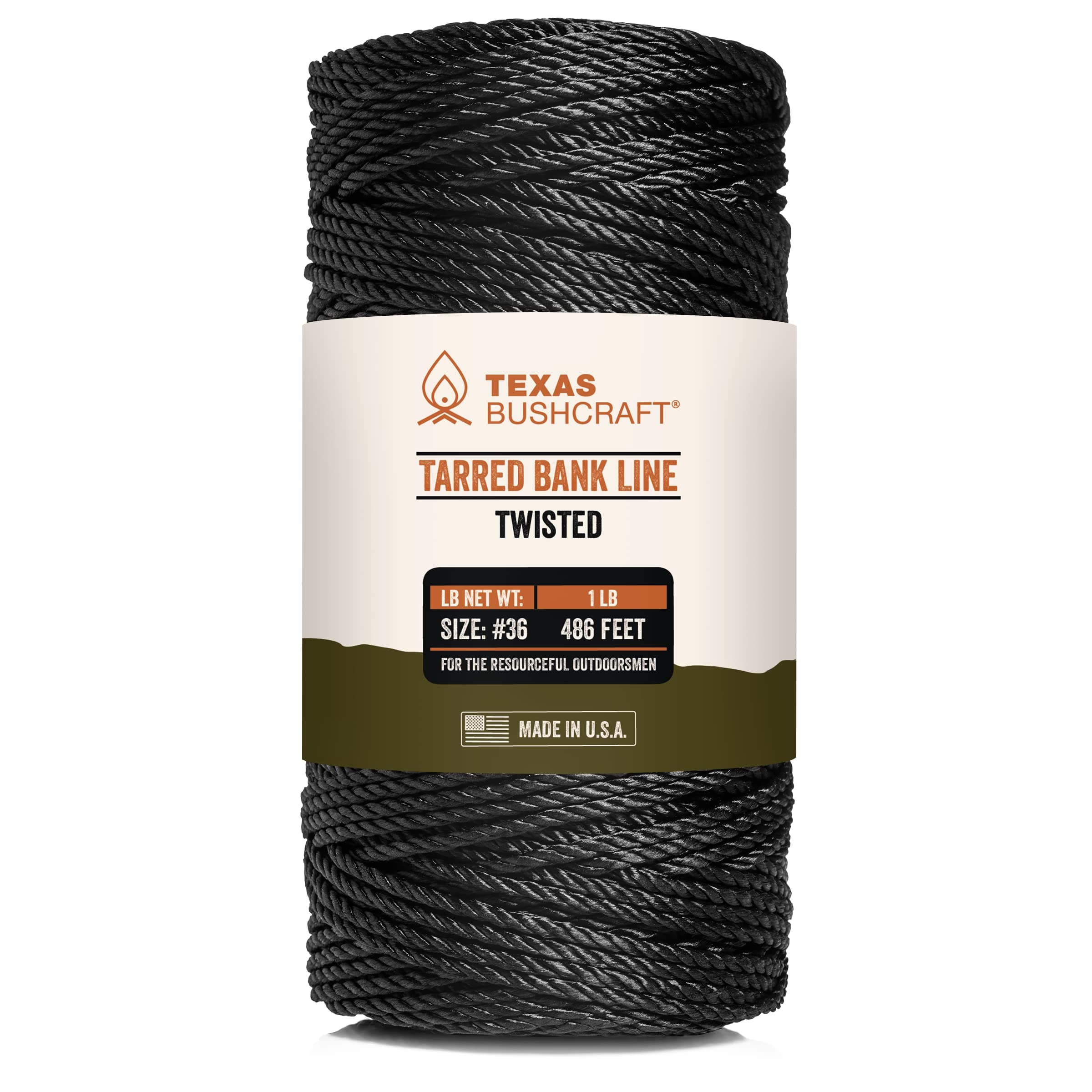 Texas Bushcraft Tarred Bank Line Twine - #36 Black Nylon String for Fishing, Camping and Outdoor Survival – Strong, Weather Resistant Bankline Cordage for Trotline and Marine Thread (1 lb, Twisted)