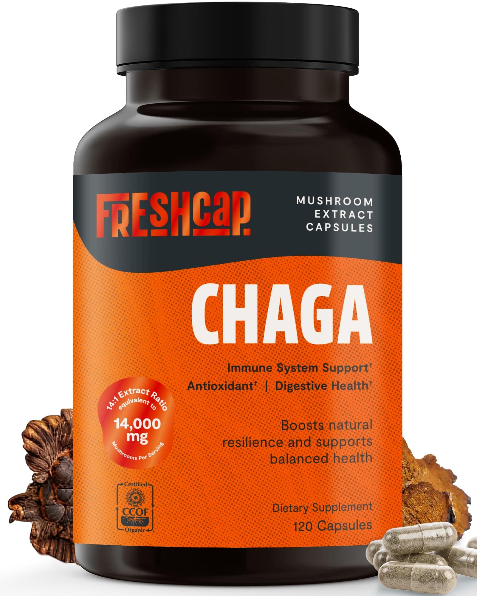 FreshCap Mushrooms Chaga Mushrooms Capsules 14,000mg - Mushroom Extract Antioxidants Supplement, Herbal Supplements, Ayurveda Nootropic Immunity Supplements (120 Capsules)
