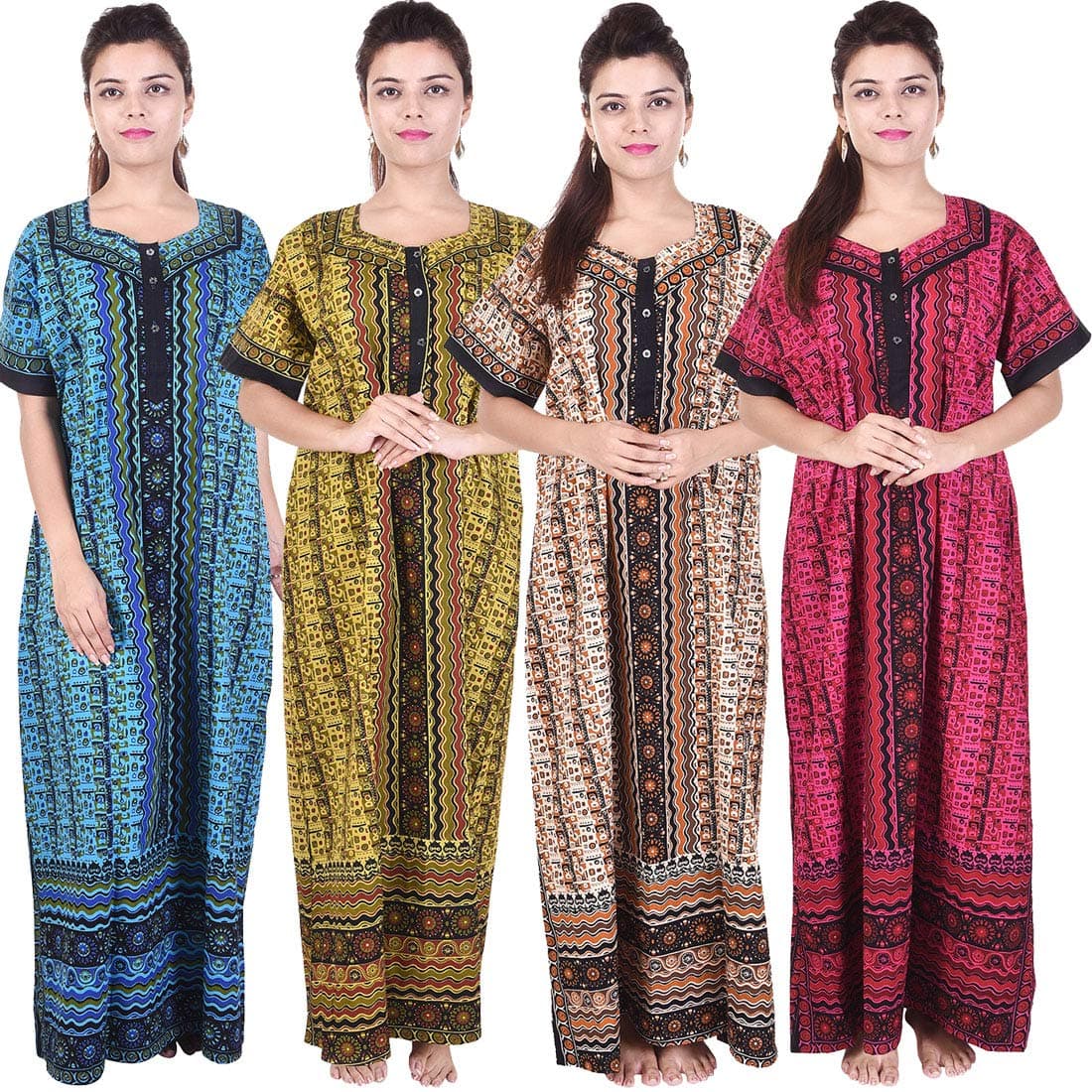 Mudrika Women's Cotton Printed Maxi Nighty (ComboNT_7886_Multicolor_Free Size)