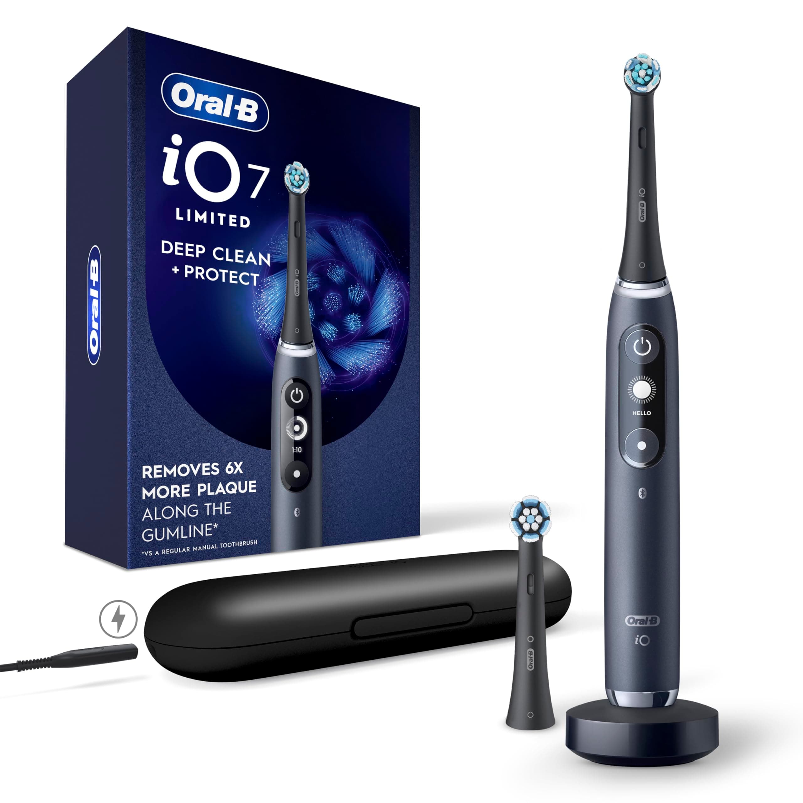 Oral B iO Deep Clean + Protect Rechargeable Electric Toothbrush Black with iO Series 7 Toothbrush, 2 Replacement Brush Heads, Charging Travel Case