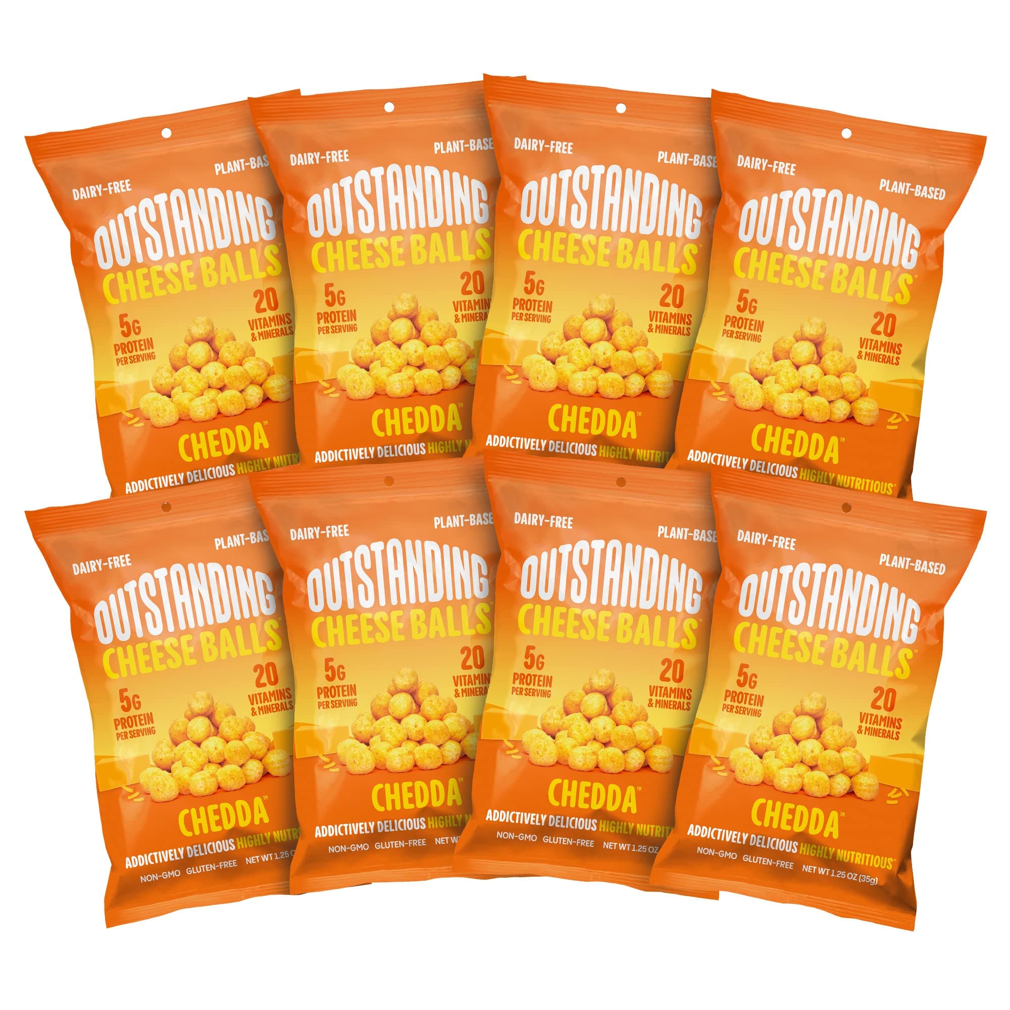 Outstanding Cheese Balls, Chedda, 1.25 oz (Pack of 8) - Dairy-Free, Non-GMO, 5g Protein, Plant Based, Gluten Free, Vegan, 20 Essential Vitamins & Minerals (Crunchy Puffed Snacks)