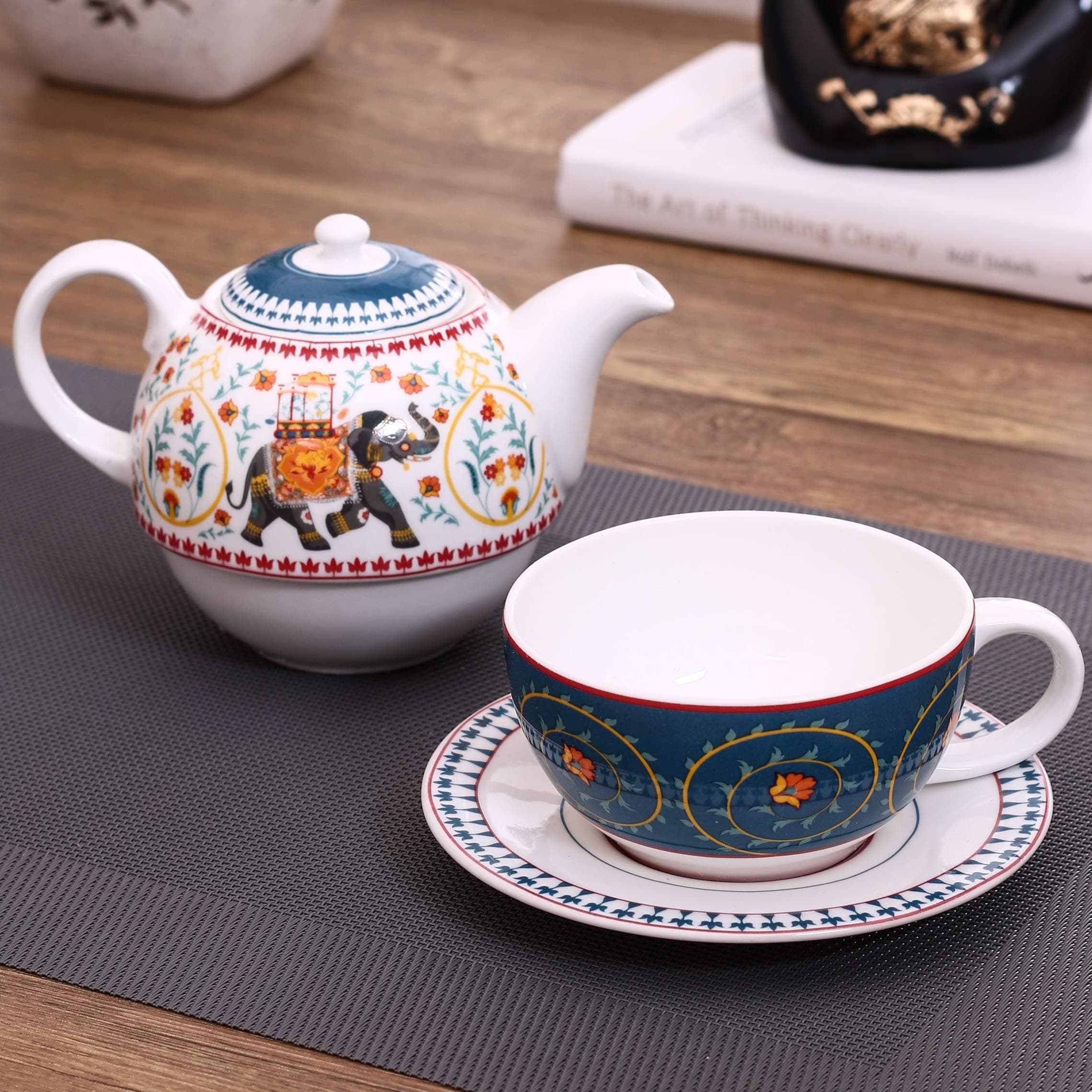 India Circus Swirling Safari Tea for One, Tea Pot and Cup Saucer Gift Set Excellet Home Decor, Multicolor