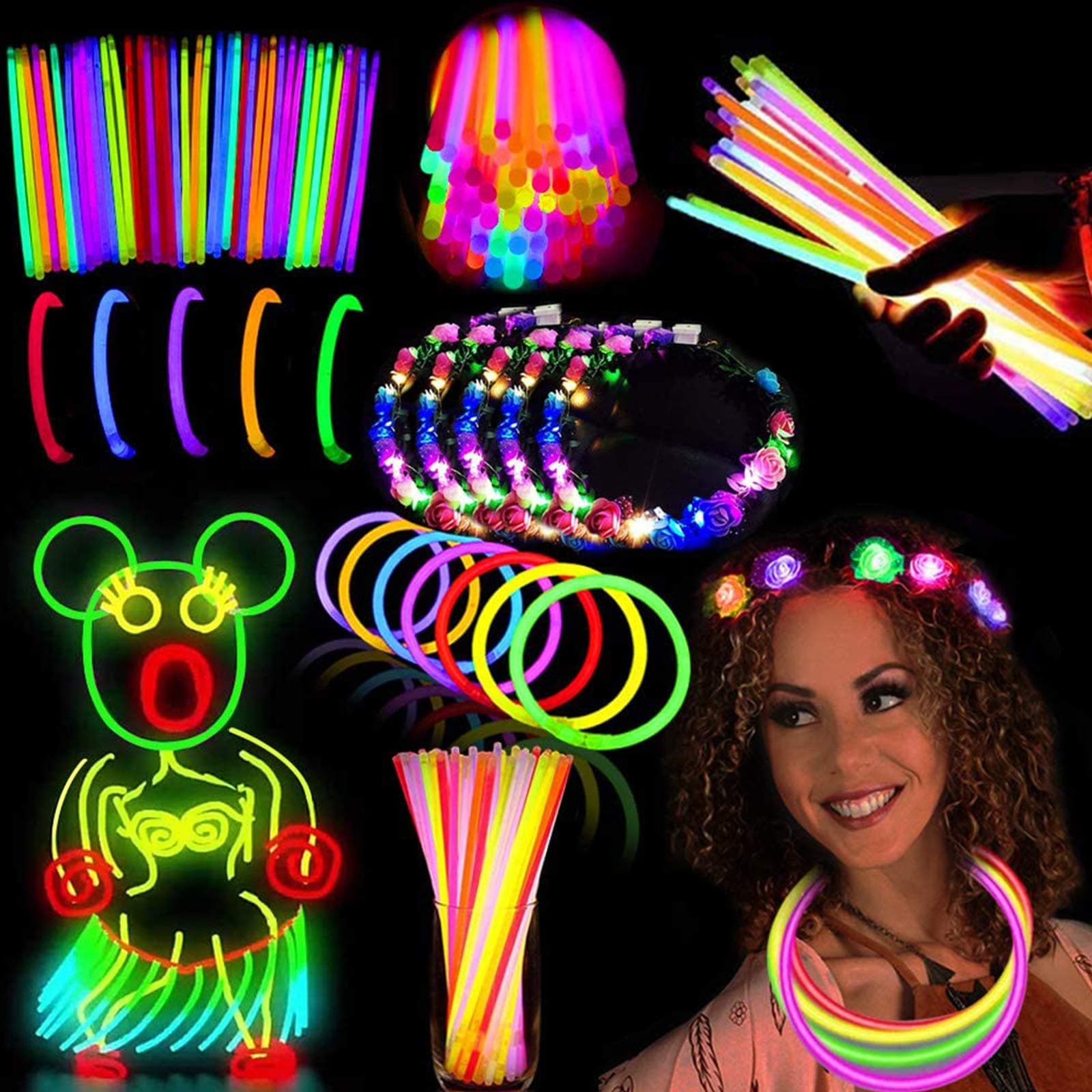 Camlinbo Glow Party Pack Favors Glow in The Dark Party Supplies-50 Glow Sticks Bulk with Connector for Glow Necklaces and Bracelets, 4 Light up Flower Crowns Headpiece for Kids Women Girls Adult54p