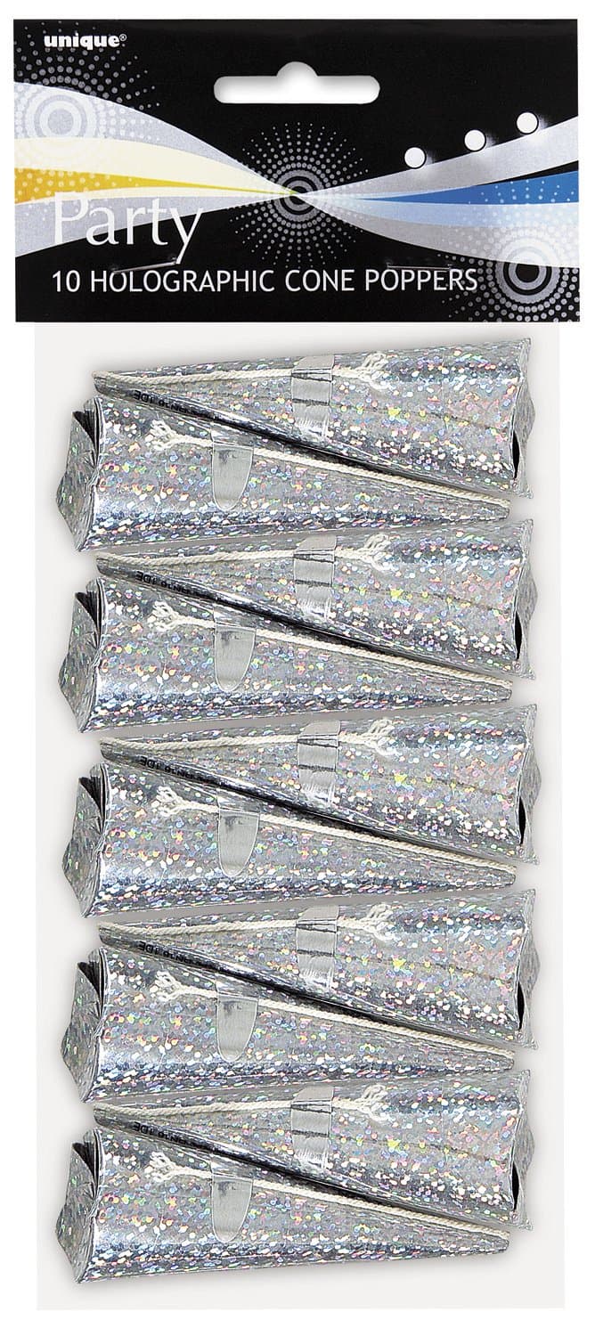 Silver Holographic Cone Poppers - Pack of 10 - Ultimate Party Poppers for Celebrations and Events