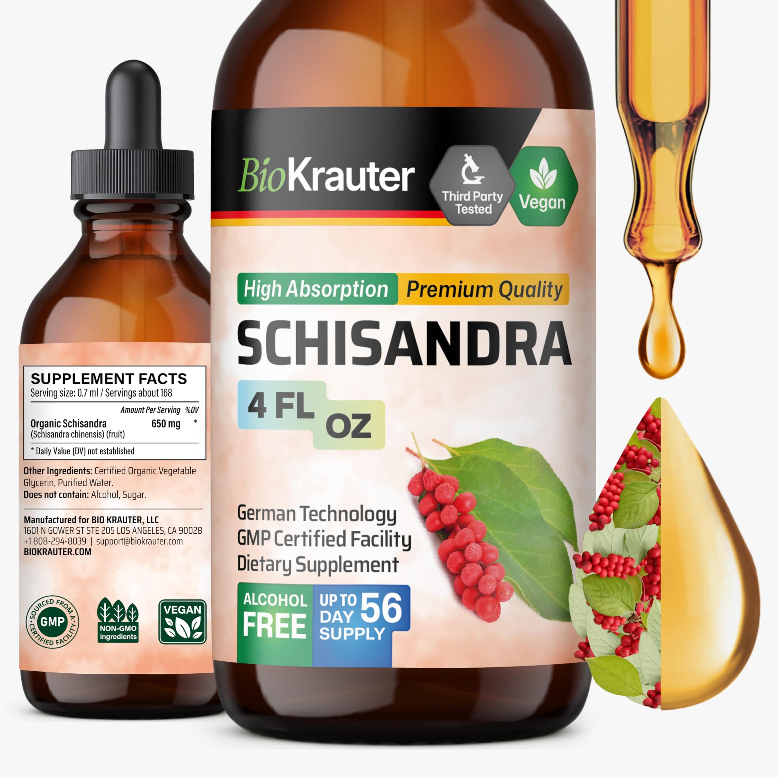 BIO KRAUTER® Schisandra - Liquid Drops Schisandra Berry 650 mg per Serving 4 Fl.Oz 56-Day Supply - Pure Vegan Calm & Mood Support Supplement - Alcohol & Sugar Free - Natural Calm Drops for Relaxation
