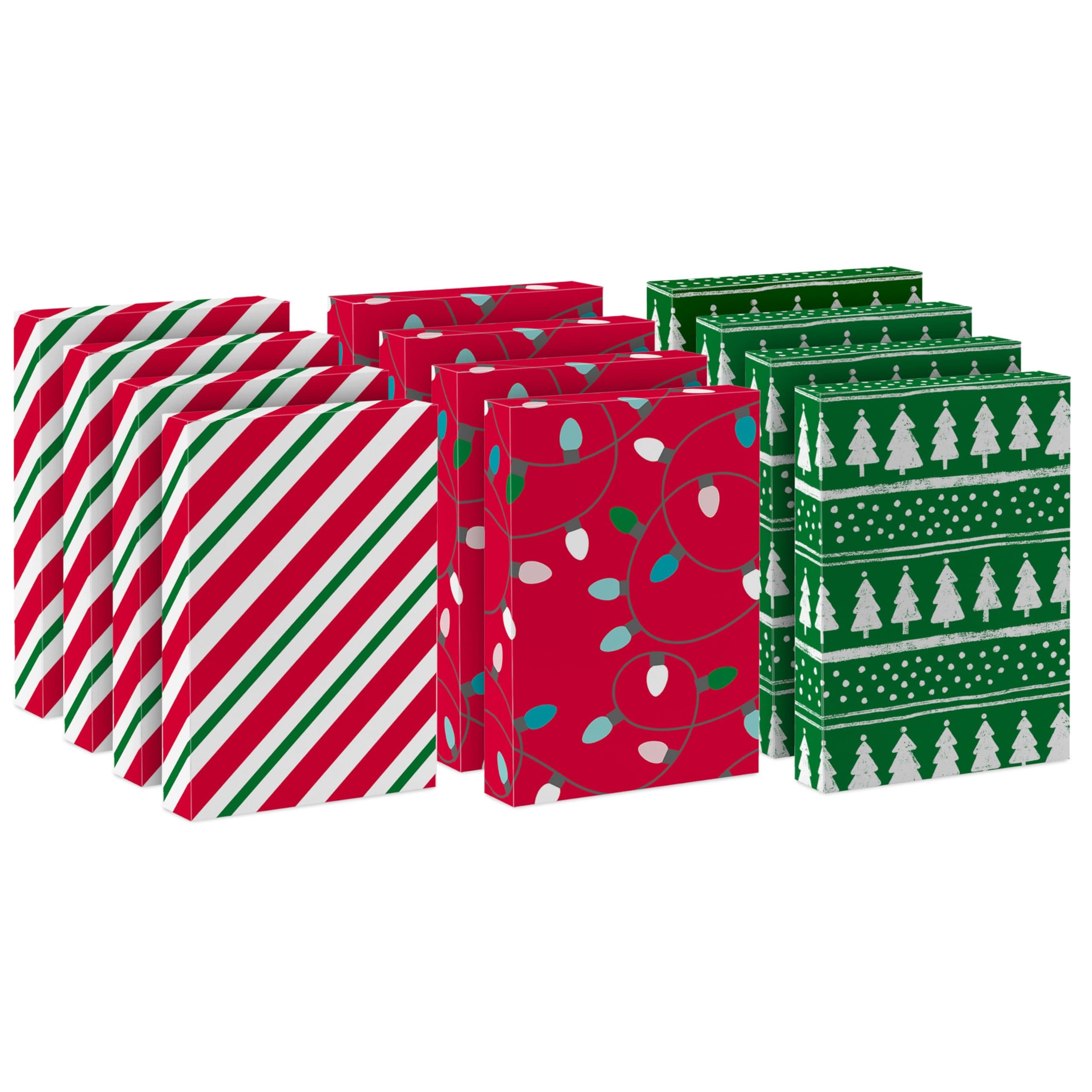 Hallmark Medium Christmas Gift Boxes with Lids (12 Shirt Boxes, 3 Designs: Lights, Trees, Red and Green Stripes) for Christmas, Holiday Parties, Hostess Gifts