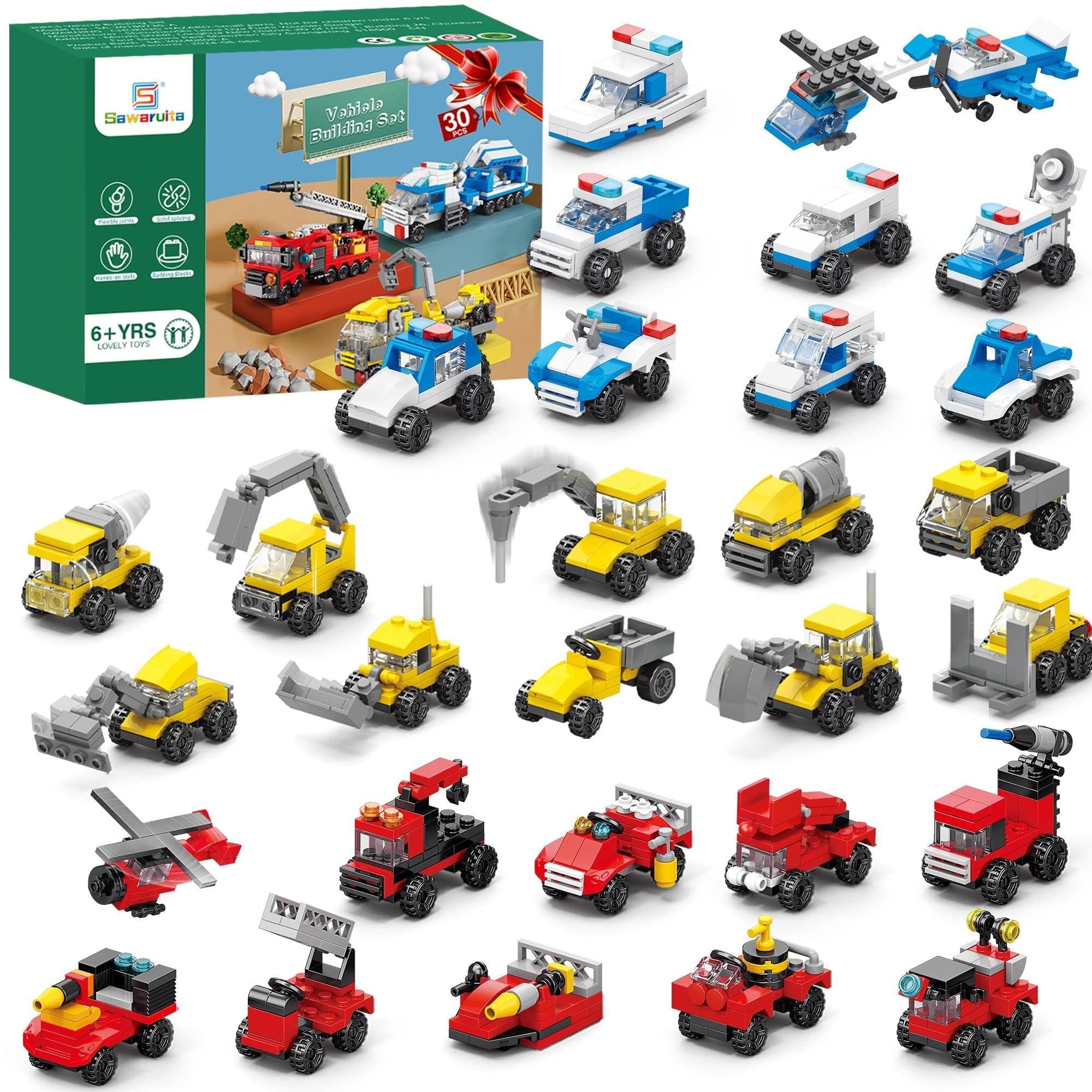 Sawaruita 30Pack Mini Cars Easter Building Blocks Party Favors for Kids-Bulk Fire Truck,City Police Car,Construction Vehicle for Birthday Goodies Bag Filling,Classroom Prizes for Boys 6-12