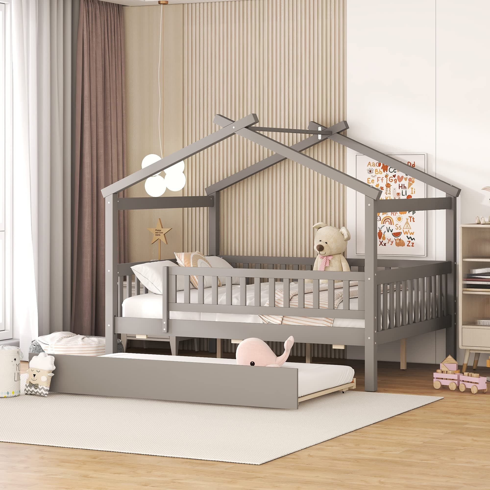 House Bed with Trundle and Fence, Full Size Montessori Style Beds with Railings, Wooden Playhouse Bed Frame for Kids Girls Boys, Gray