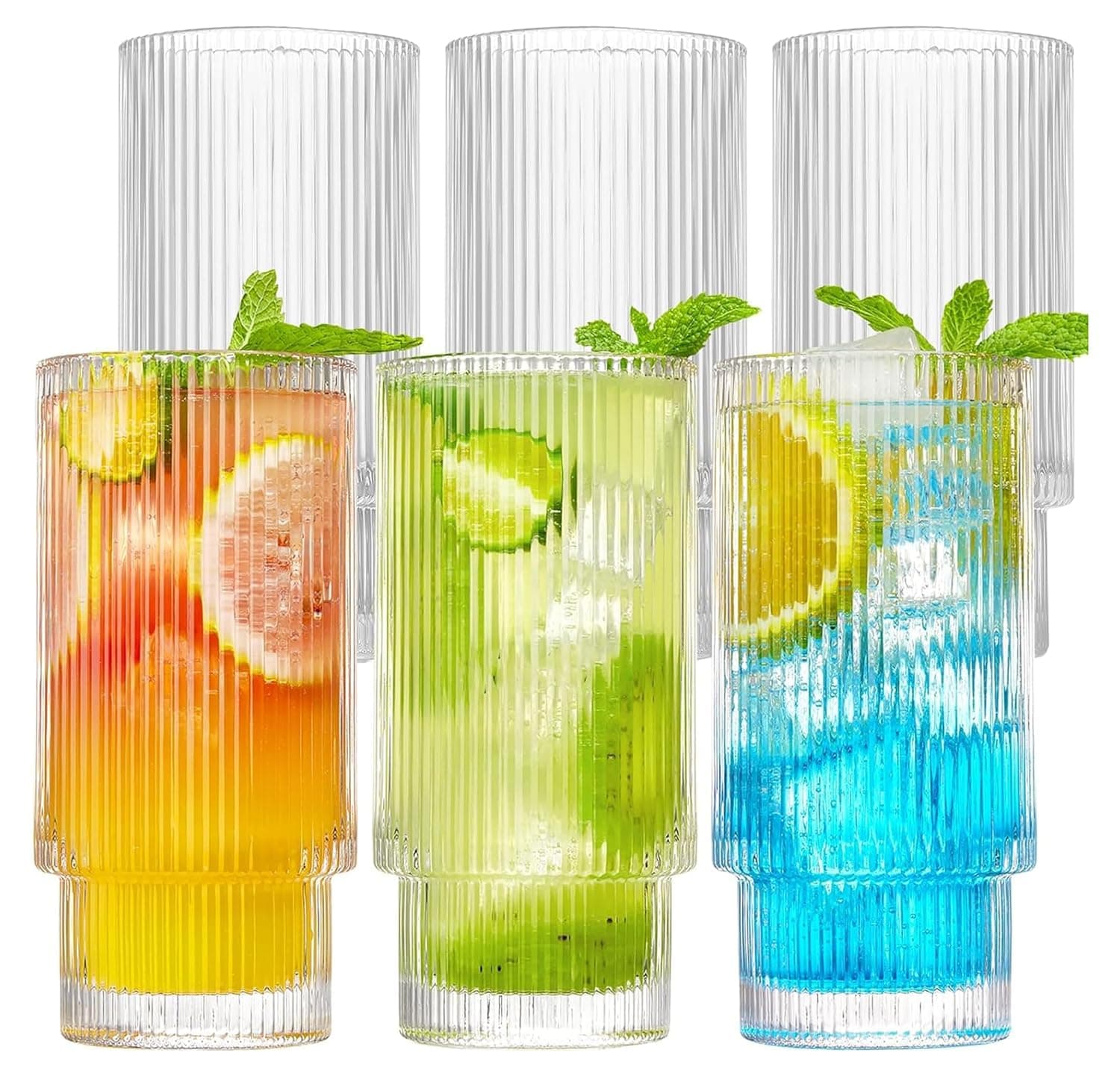 Vintage Drinking Tumbler 320ml Ribbed Shape Drinking Glass, Highball Glasses, Premium Iced Coffee Glasses, Clear Glass Tumbler for Water (320ML Ribbed Juice Glass, 6 PCS)