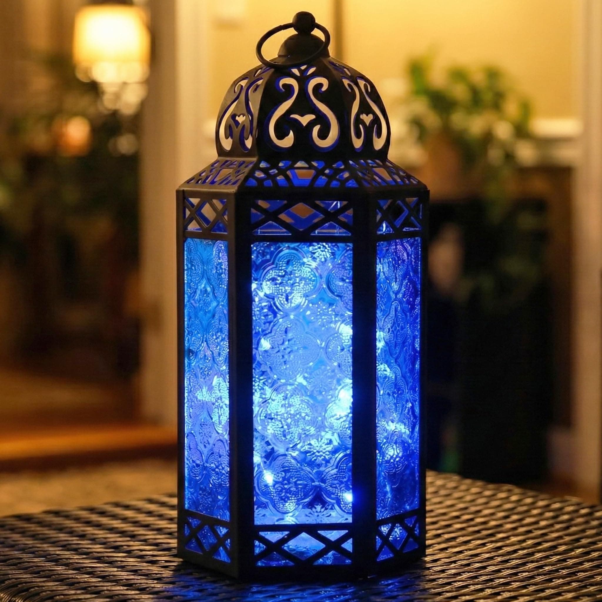 12” Blue Glass Metal Moroccan Decorative Candle Lantern with LED Twinkle Fairy Lights & Remote – Table Centerpieces, Indoor Home Decor, Outdoor Patio & Porch, Large