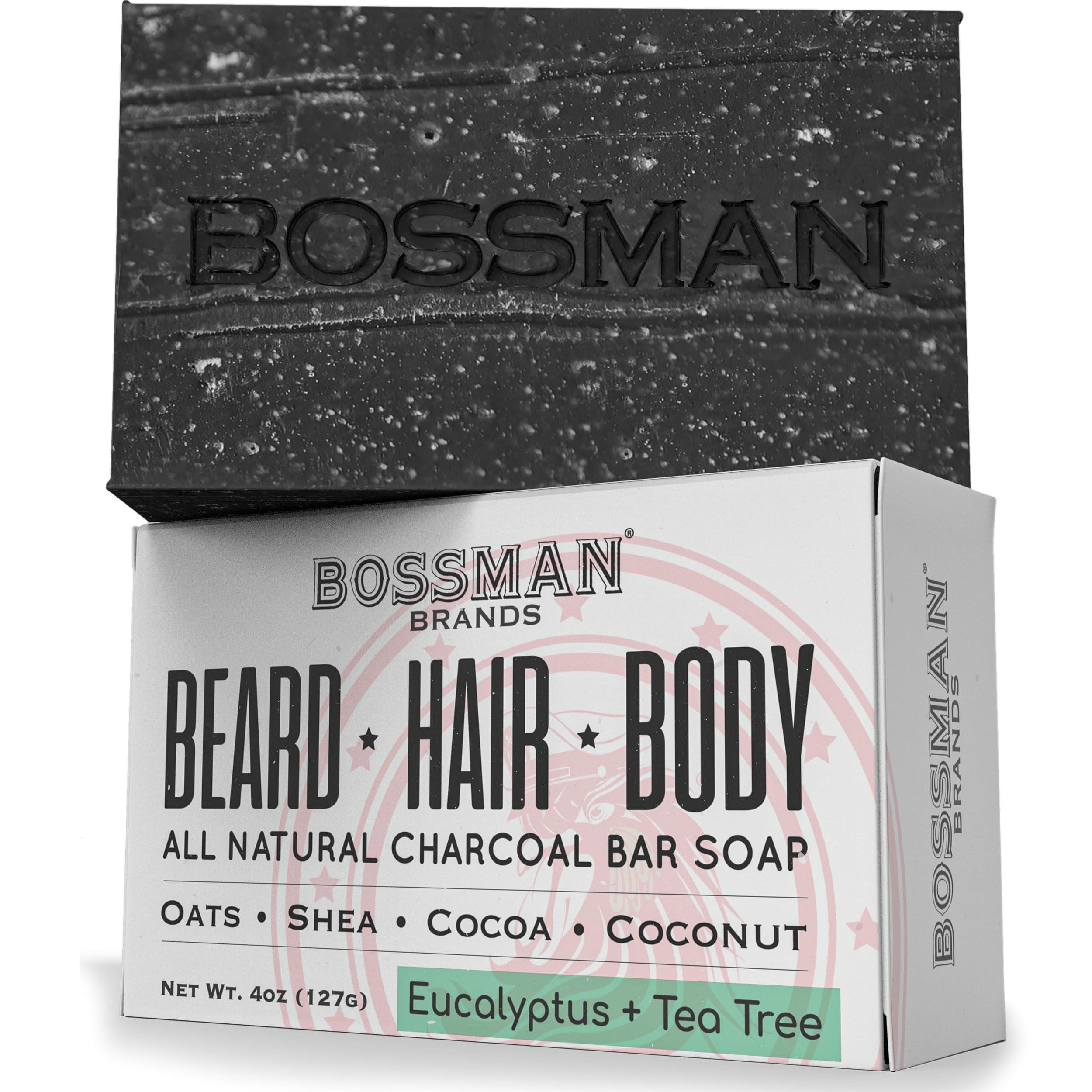 Bossman 4-in-1 Charcoal Soap Bar (4 oz) – Bar Soap for Men – All-Natural Beard Wash, Shampoo, Body Wash & Shaving Solution – Eucalyptus & Tea Tree Scent