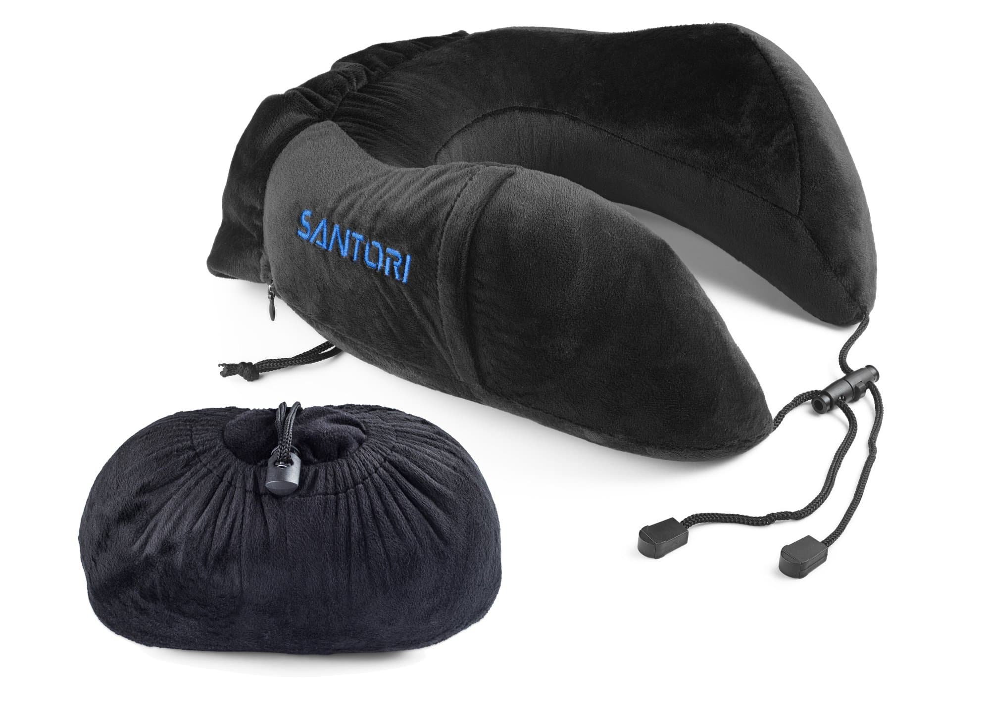 Santori Premium Travel Pillow, Memory Foam U-Type Neck Pillow for Airplane Travel, Train, Bus, Car and Camping, Removable and Washable Soft Velour Cover, Side Pocket for Mobile Devices (Black or Blue)