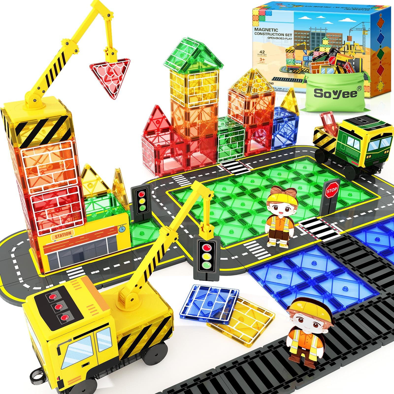 Magnetic Tiles Magnetic Construction Set with 2 Cranes Boys Toys for Ages 3-5 5-7 8-10 Building Toys Includes Crane, Road Tracks, Train, Train Tracks, Dolls, Car Toy, Traffic Lights and Stations