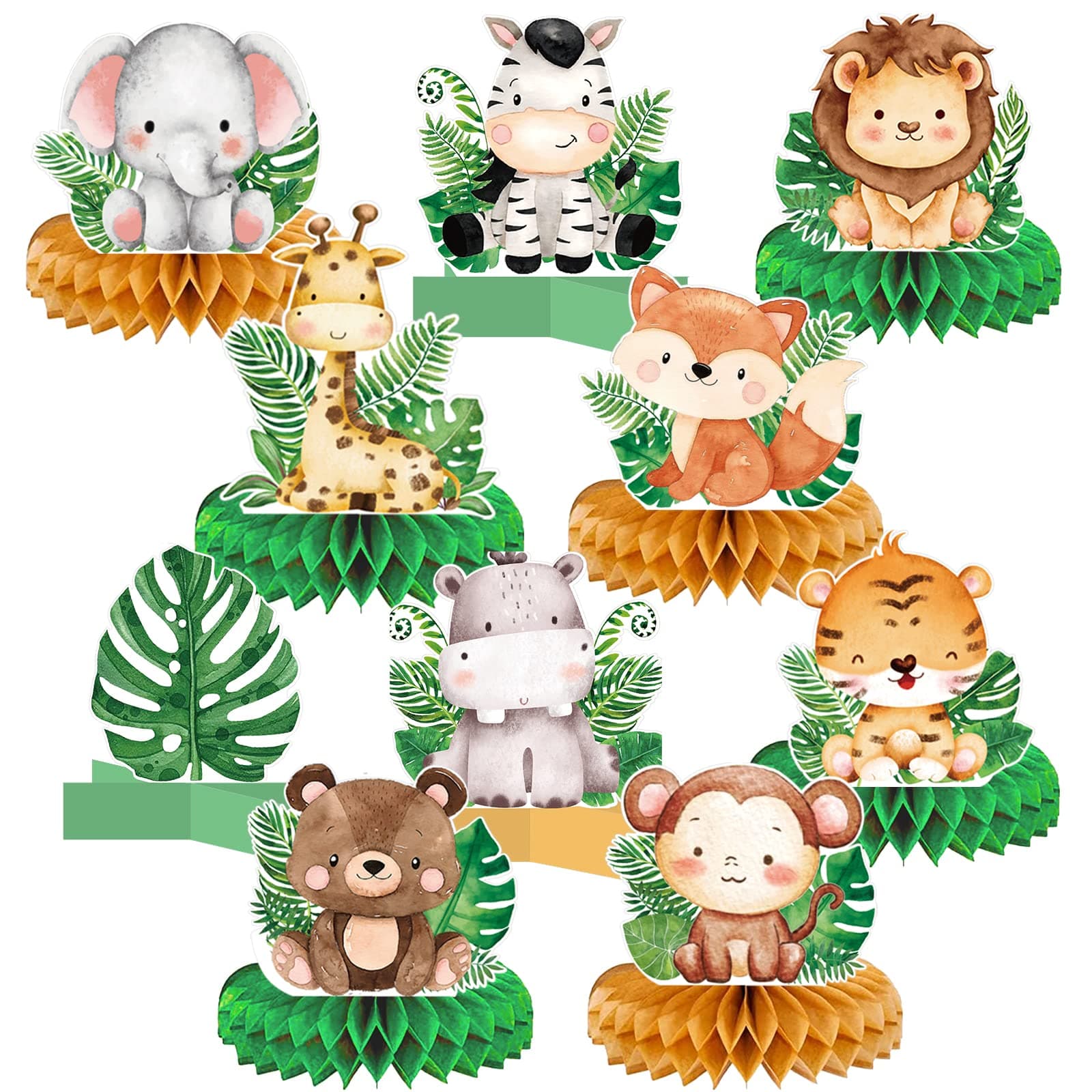 10 PCS Baby Jungle Animals Honeycomb Centerpieces 3D Table Decorations for Safari Baby Shower Decoration for Boy Safari Jungle Birthday Party Decorations for Kids Baby Shower Decorations