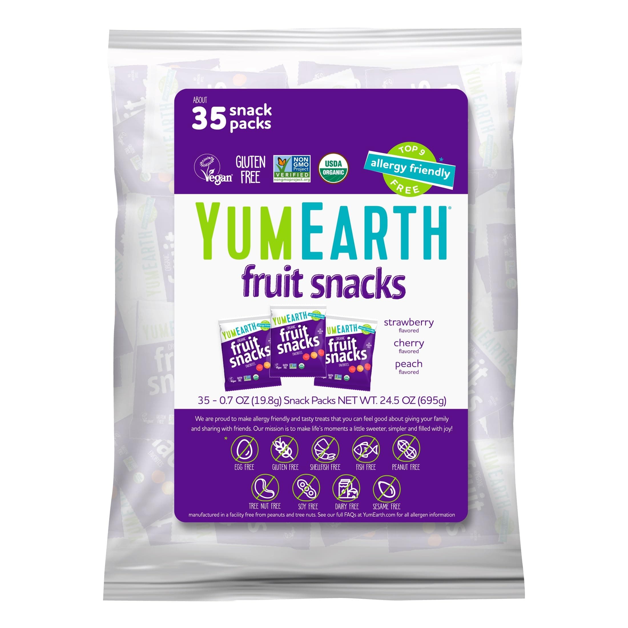 YumEarth Organic Fruit Snacks (Pack of 35) - 0.7 Ounce Snack Packs, Allergy Friendly, Gluten Free, Non-GMO, Dye Free