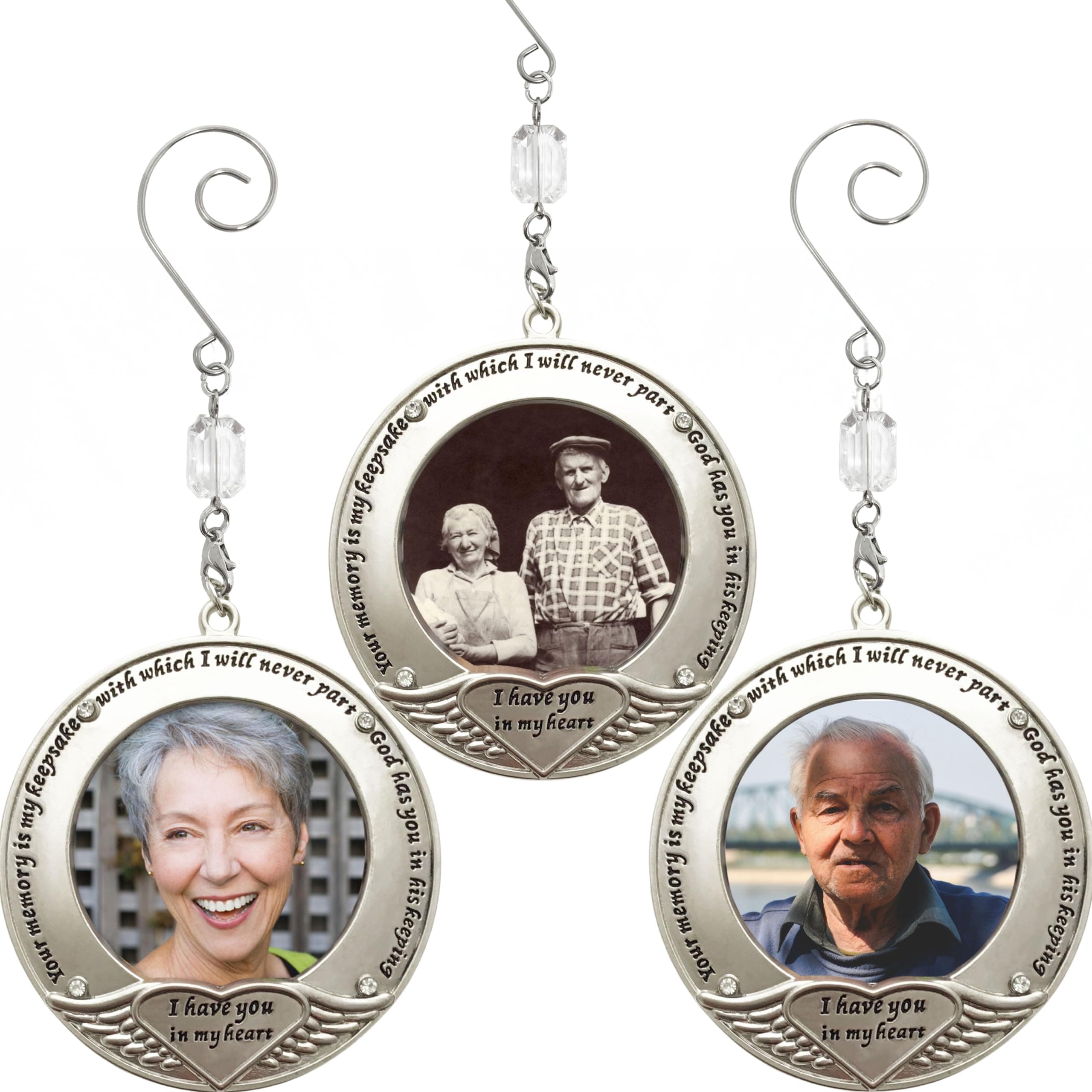 Memorial Photo Christmas Ornament - Set of 3 - Engraved with Your Memory is My Keepsake - Bereavement Gift - Gift-Storage Bags Included - 3" D and Holds a 2.1/4" Photo