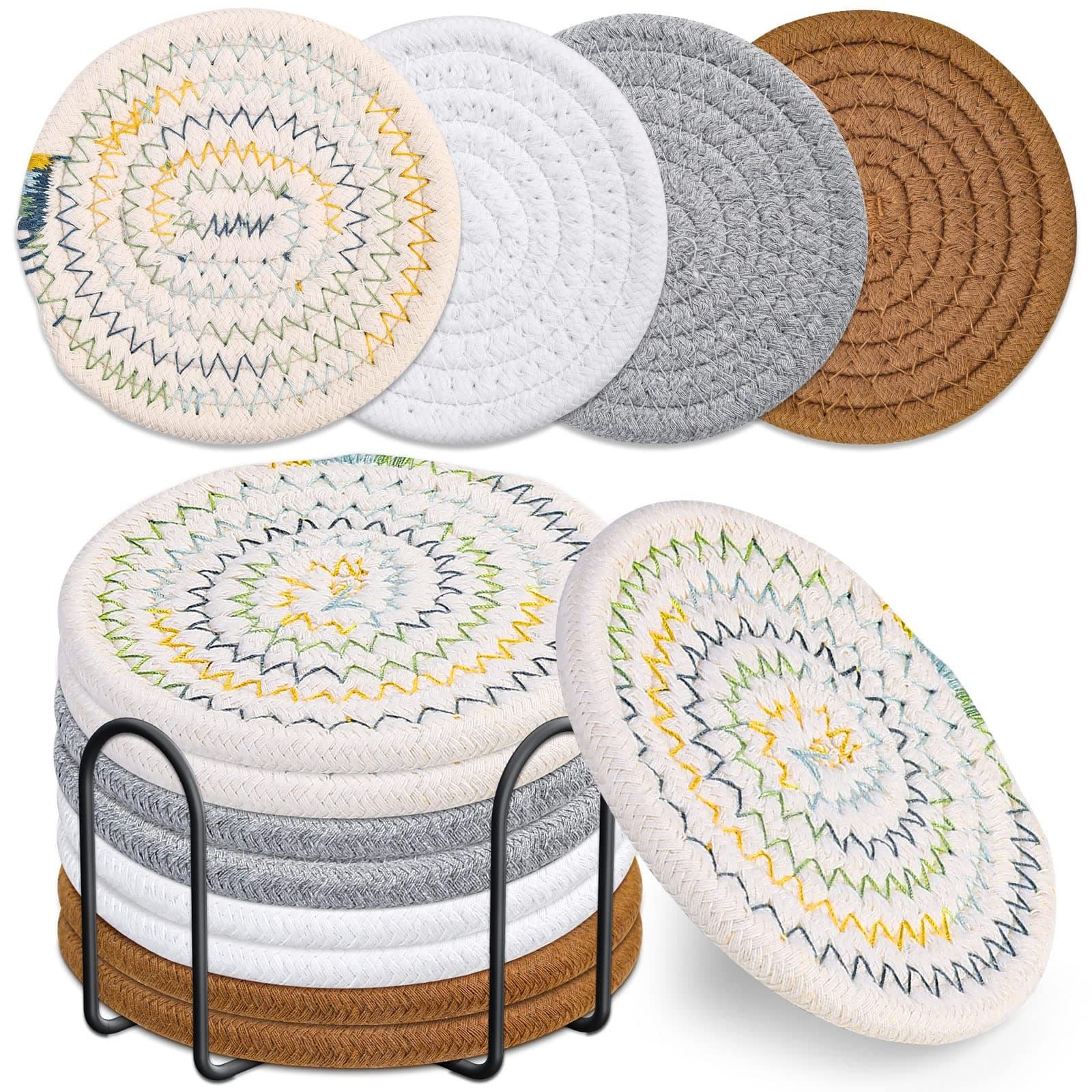 Mckanti 8 Pcs Drink Coasters with Holder, 4 Colors Absorbent Coasters for Dri...