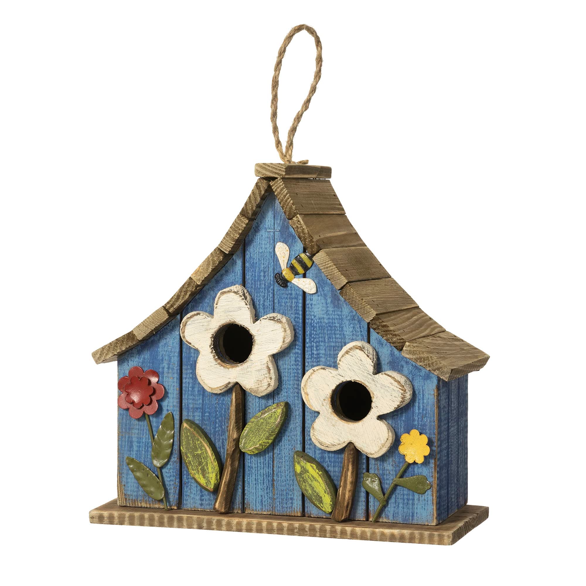 Glitzhome Hanging Birdhouses for Outdoors, 10.75" L Distressed Solid Wood Birdhouse Bird Nesting Box with 3D Flowers Rustic Hand-Painted Bird Houses for Outside