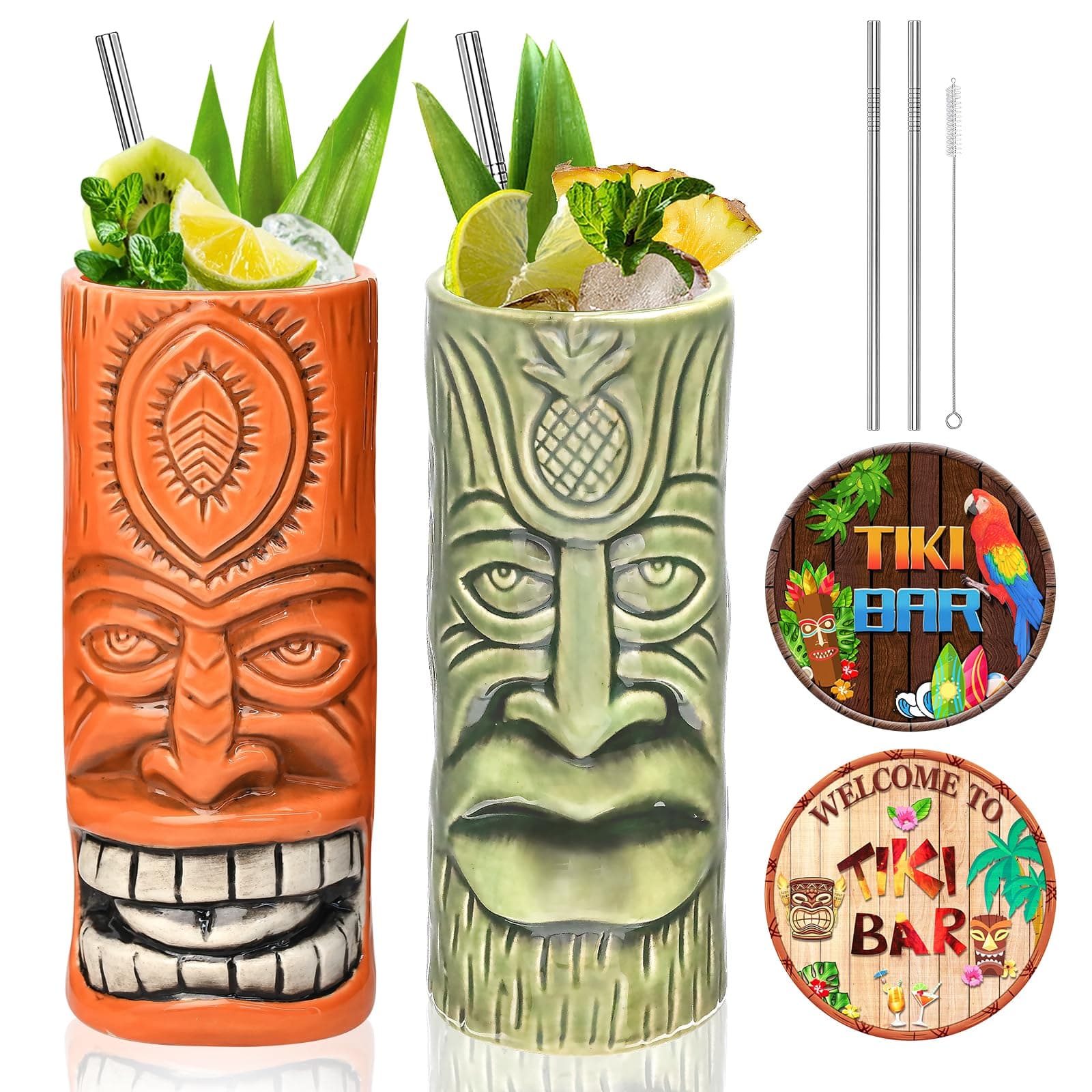 Cocktail Mugs Set of 2 - Ceramic Tiki Cups, Cute Exotic Cocktail Glasses with Straws for Cocktails and Tiki Bar