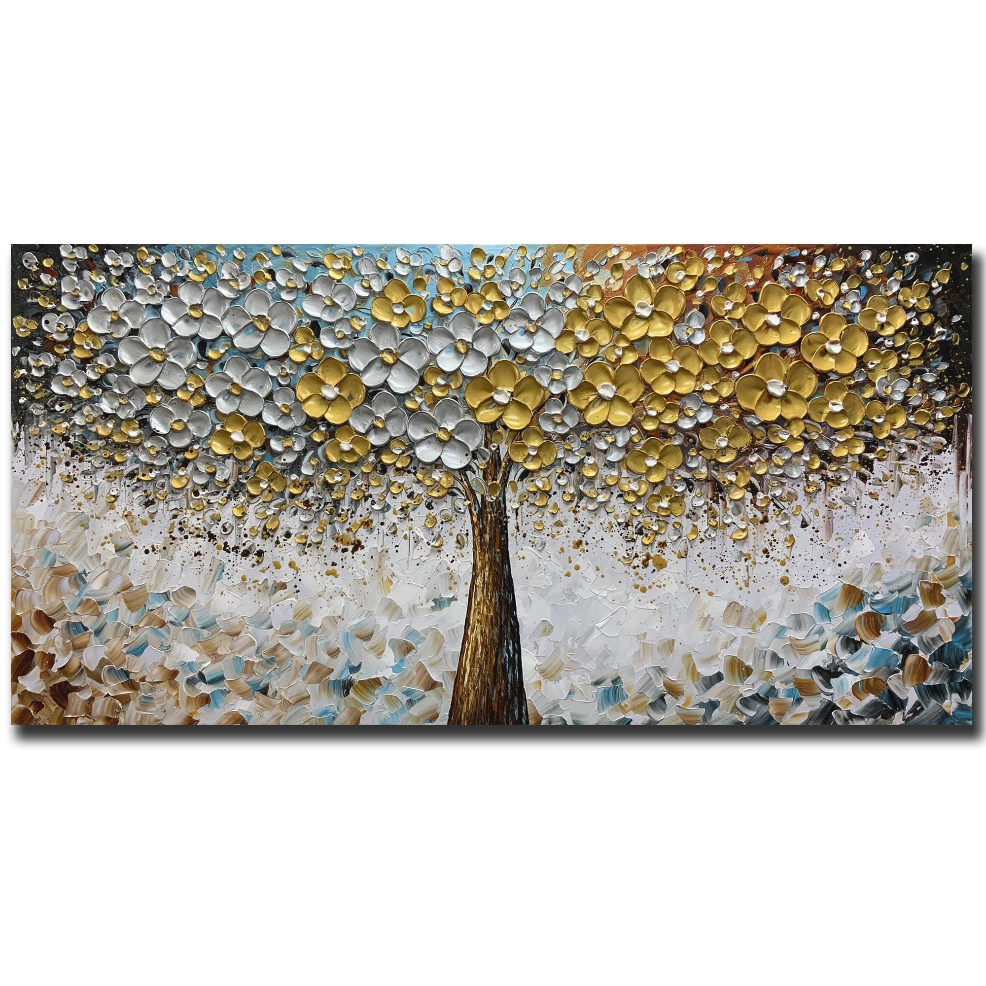 ART8YUQI Art - Contemporary Abstract Art Oil Painting On Canvas Texture 3D Silver - Golden Flower painting Handmade Artwork Picture Canvas Wall Art Modern Home Decor living room Ready to Hang 30x60