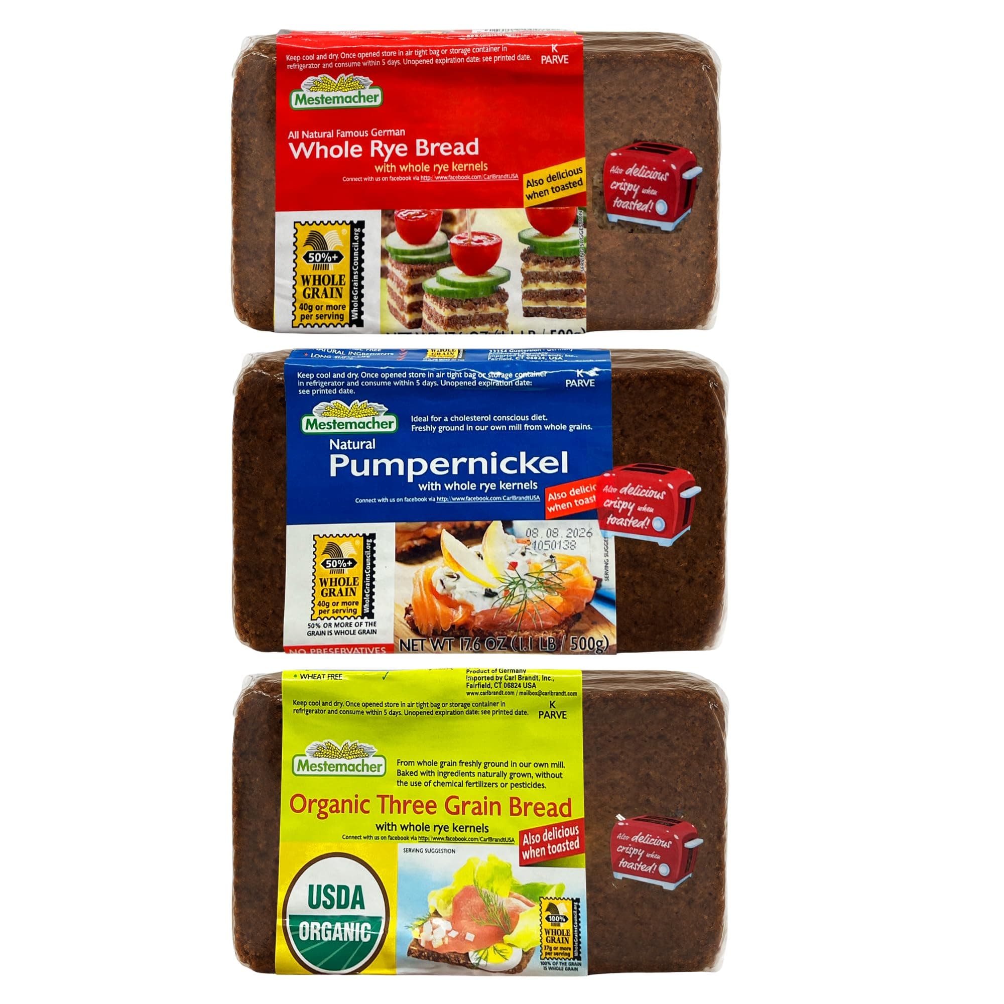 Natural High Fiber Bread 3 Flavor Variety Bundle: (1) Mestemacher Organic Three Grain Bread, (1) Mestemacher Pumpernickel Bread, and Mestemacher Whole Rye Bread, 17.6 Oz. Ea. (Pack of 3)