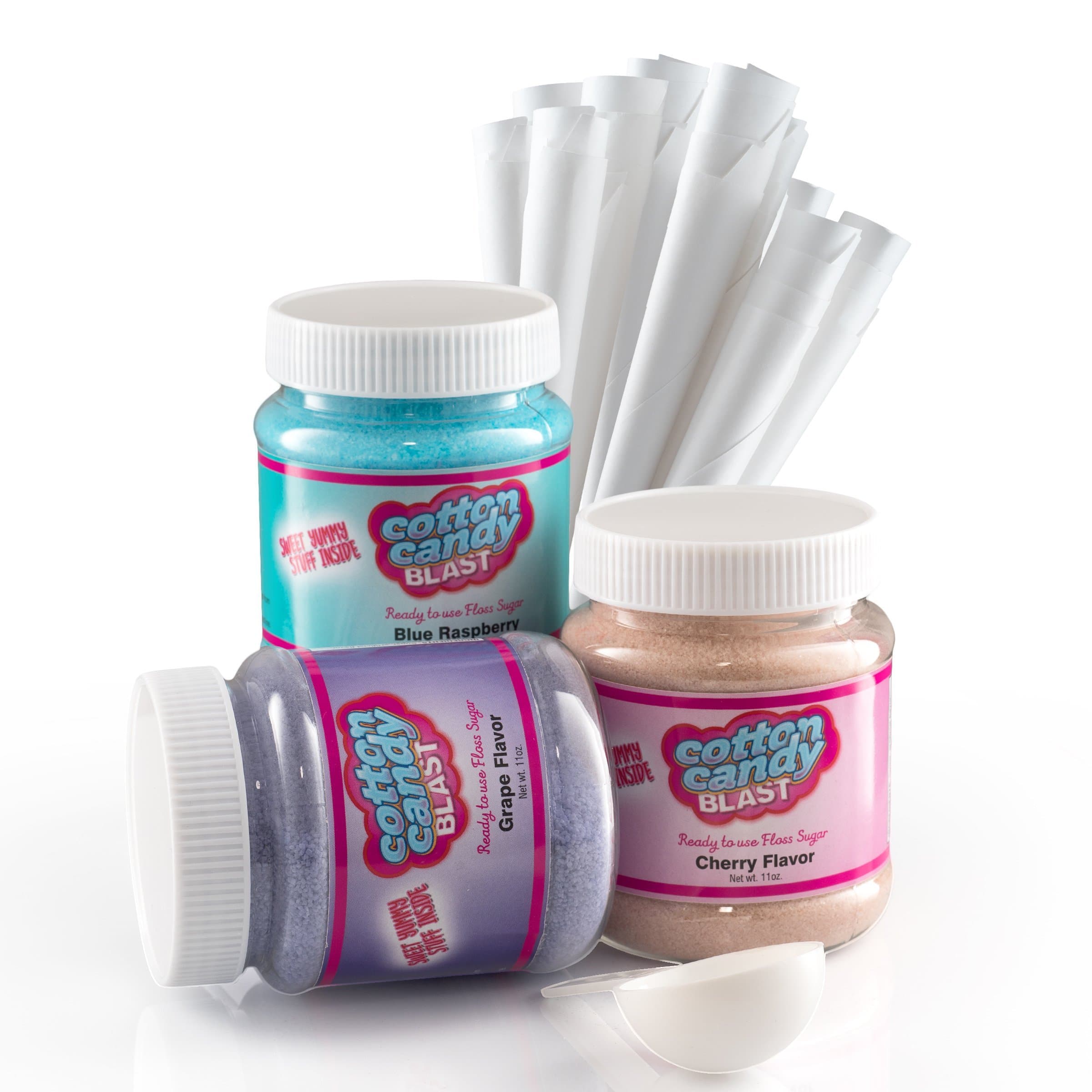 Cotton Candy Floss Sugar Kit - Blue Raspberry, Cherry and Grape Flavors (12 oz. jars) with 50 Paper Cones and Scoop