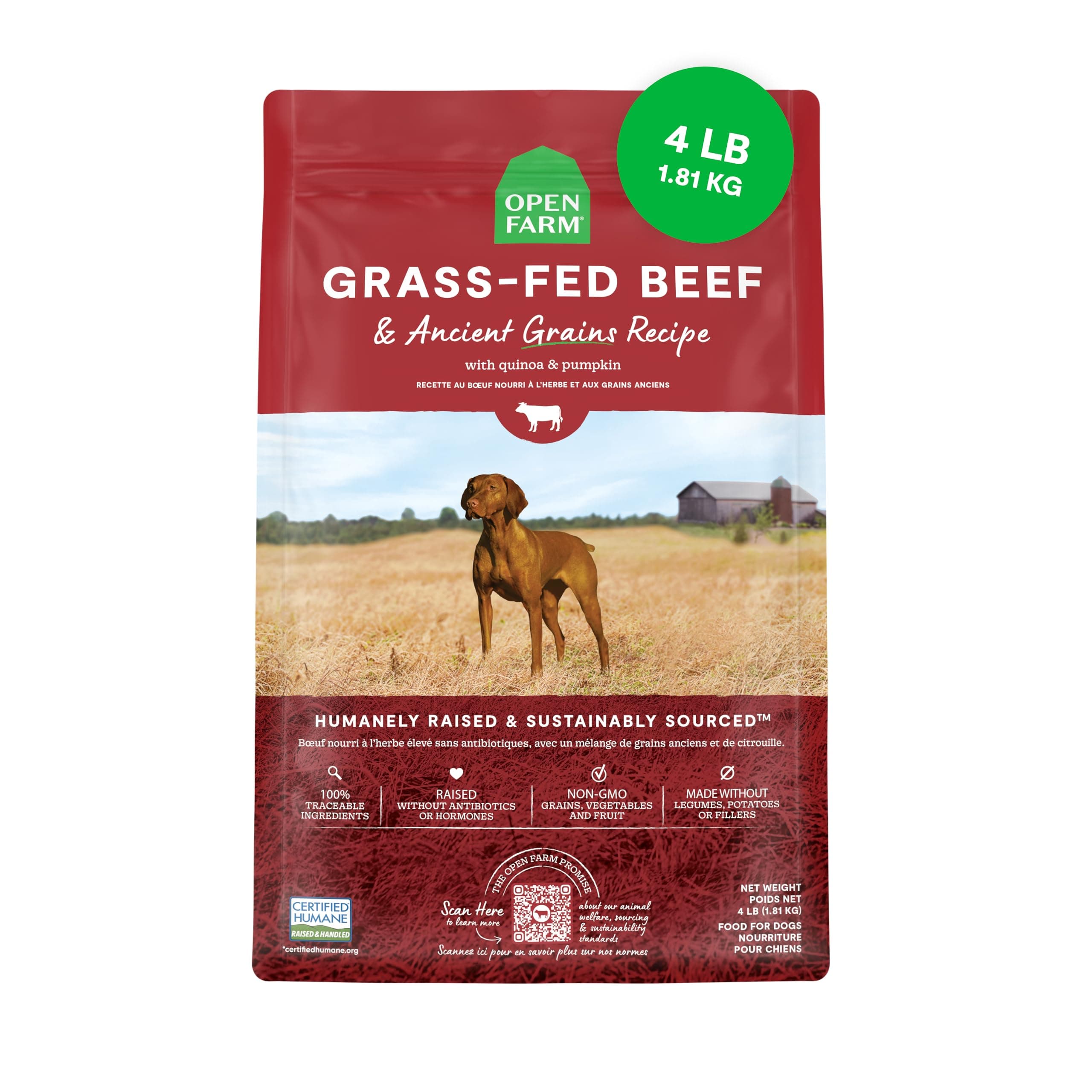 Open Farm, Ancient Grains Dry Dog Food, Protein-Rich & Nutrient Dense, 90% Animal Protein Mixed with Non-GMO Fruits, Veggies and Superfoods, Grass-Fed Beef Recipe, 4lb Bag
