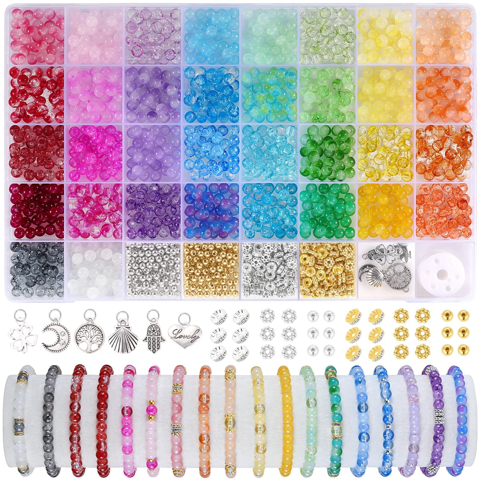 Funtopia Glass Beads for Bracelets 6mm, 1396pcs Bracelet Making Kit 34 Colors Glass Beads for Jewelry Making, Crystal Bead for Bracelets DIY Crafts with Spacer Bead and Charms