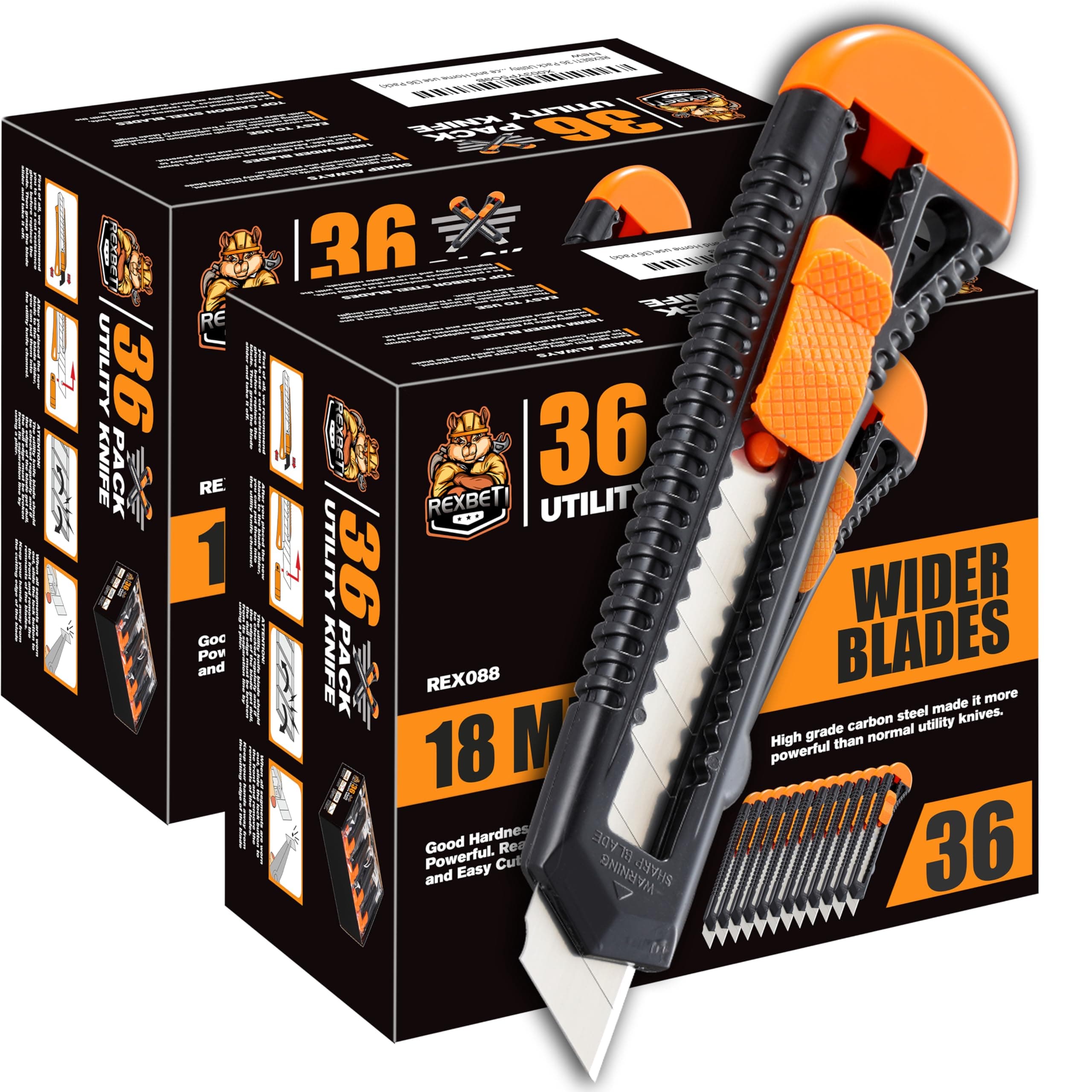 Utility Knife, Retractable Box Cutter for Cartons, Cardboard and Boxes, 18mm Wider Razor Sharp Blade, Smooth Mechanism, Perfect for Office and Home use (72 Pack)