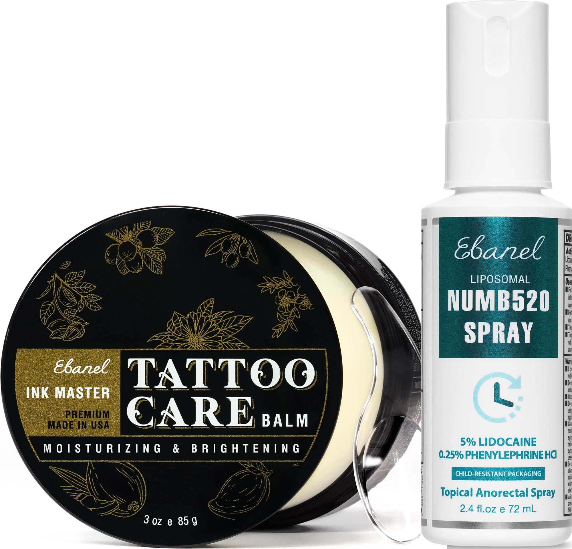 Ebanel Set of 5% Lidocaine Numbing Spray and Tattoo Balm, Numb520 Topical Anesthetic Pain Relief Burn Itch Spray, and Premium Tattoo Aftercare Butter Brightener Ink Color Enhancing Ointment 3Oz