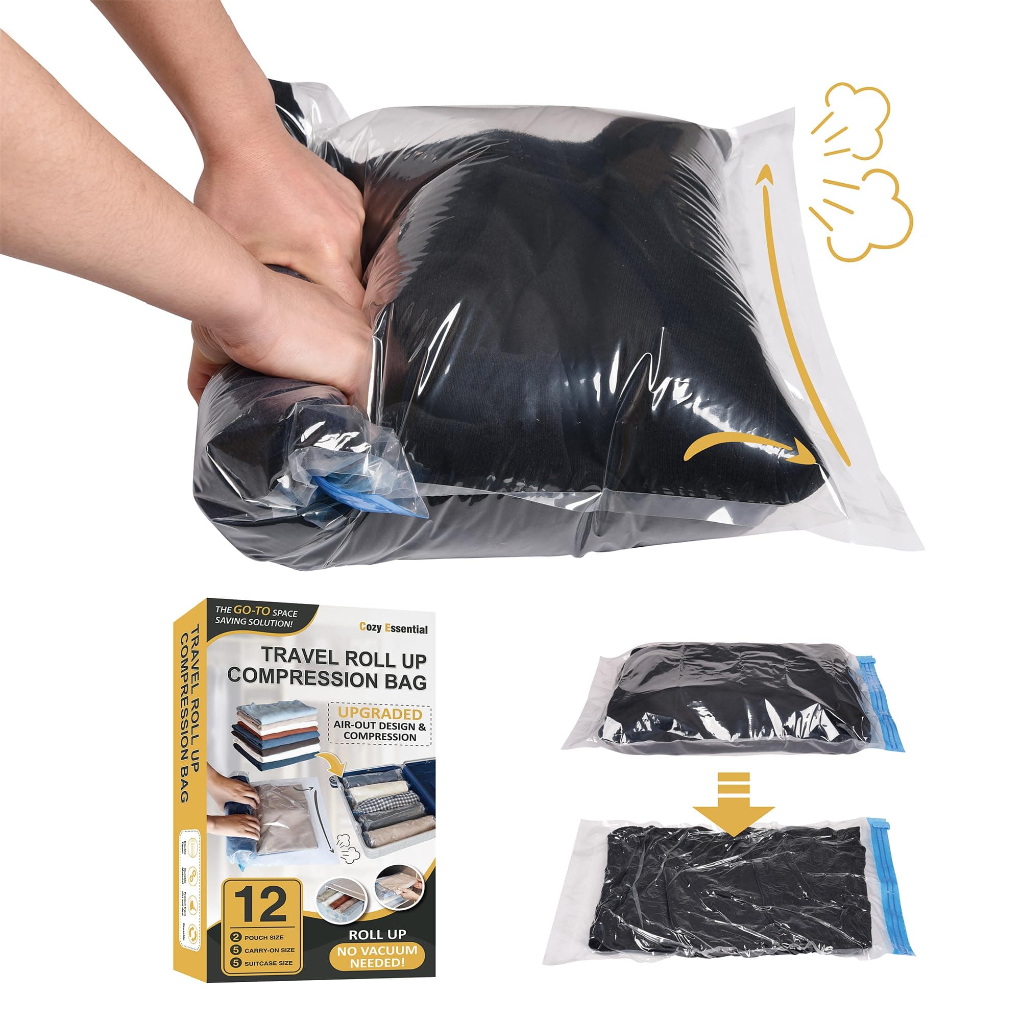 Cozy Essential Compression Bags for Travel - Travel Essentials - 12 Pack Space Saver Plastic Packaging Bags - No Vacuum Needed - Compression Packing Bags for Cruise Accessories