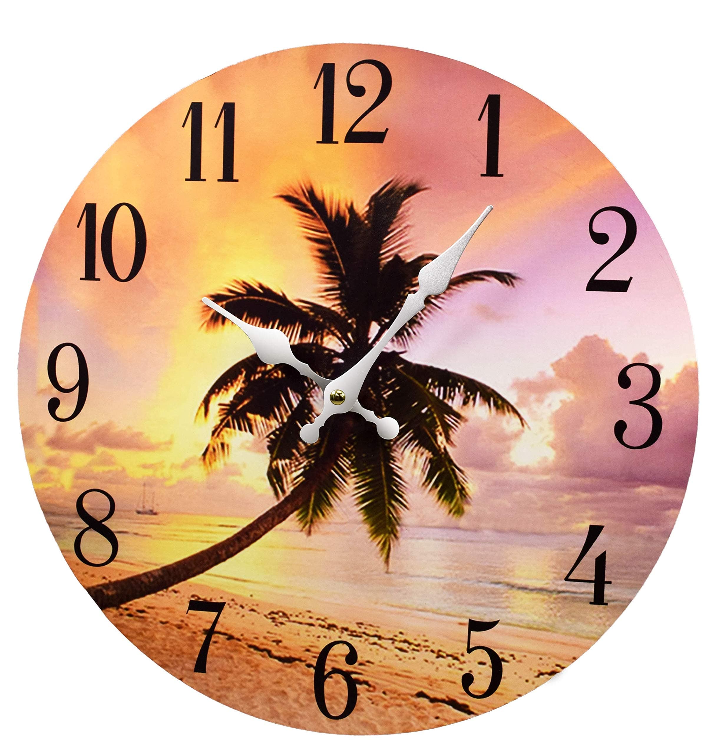 Wooden Wall Clock - Coastal, Nautical, and Beach Themed | Decorative and Aesthetic 13" Timepiece | Ideal Office or Home Decor | Living Room, Bedroom, or Beach House | Palm Tree Sunset