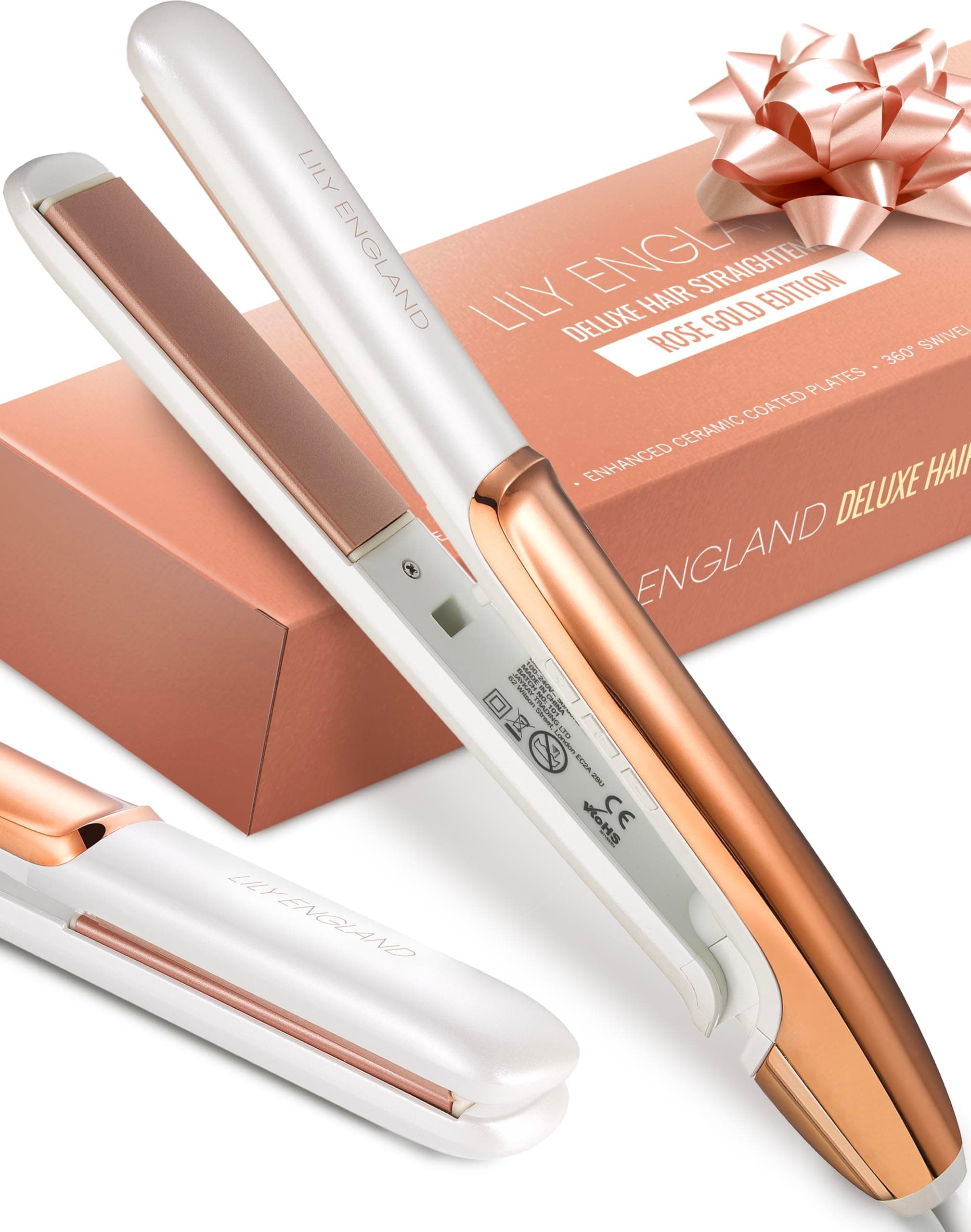 Lily England Hair Straightener and Curler, Adjustable Temperature, Dual Voltage 1 Inch Ceramic Rose Gold Flat Iron, Hair Straightener Curling Iron in One